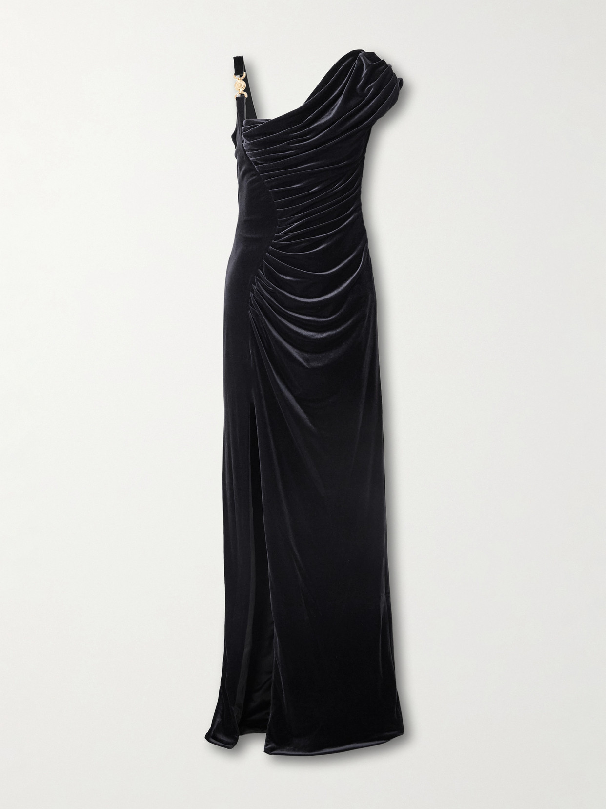 Versace Embellished Ruched Stretch-velvet Gown In Black