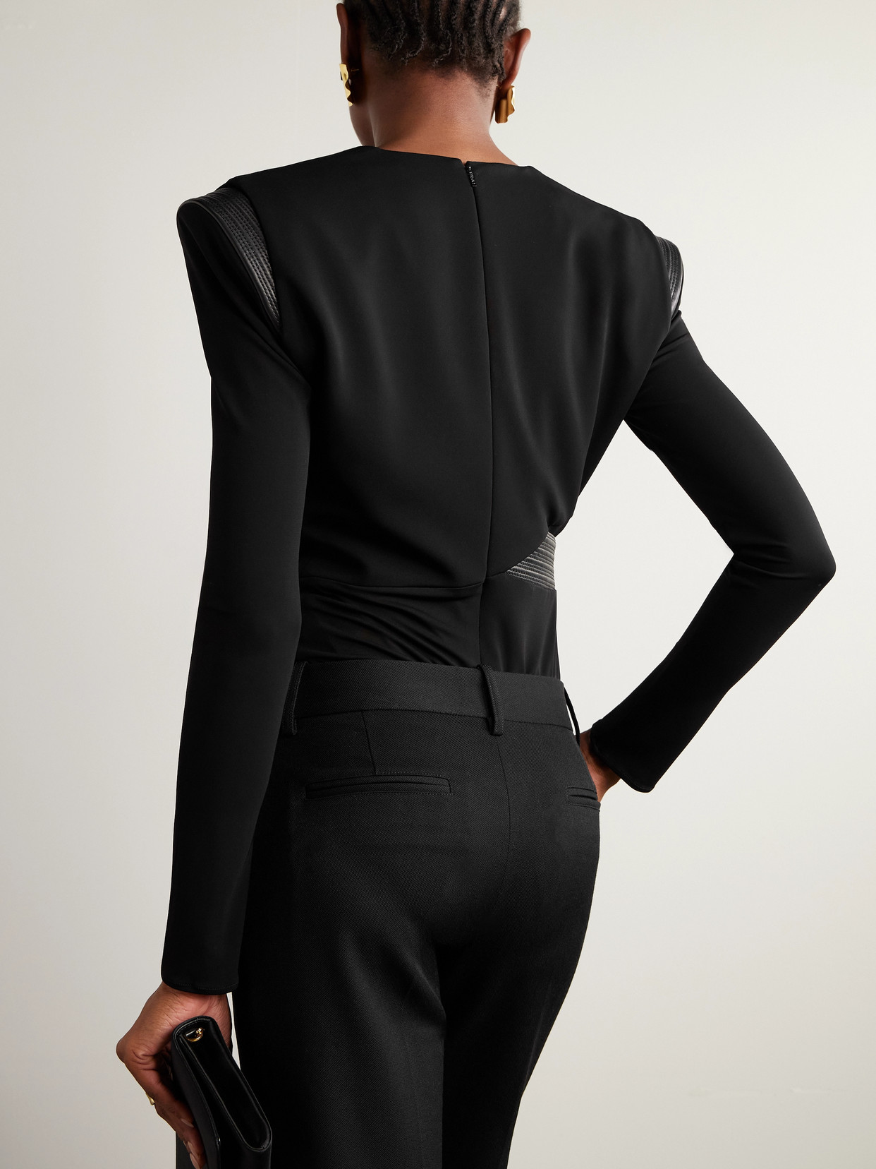 Versace Wrap-effect Leather-trimmed Crepe-jersey Bodysuit In Black