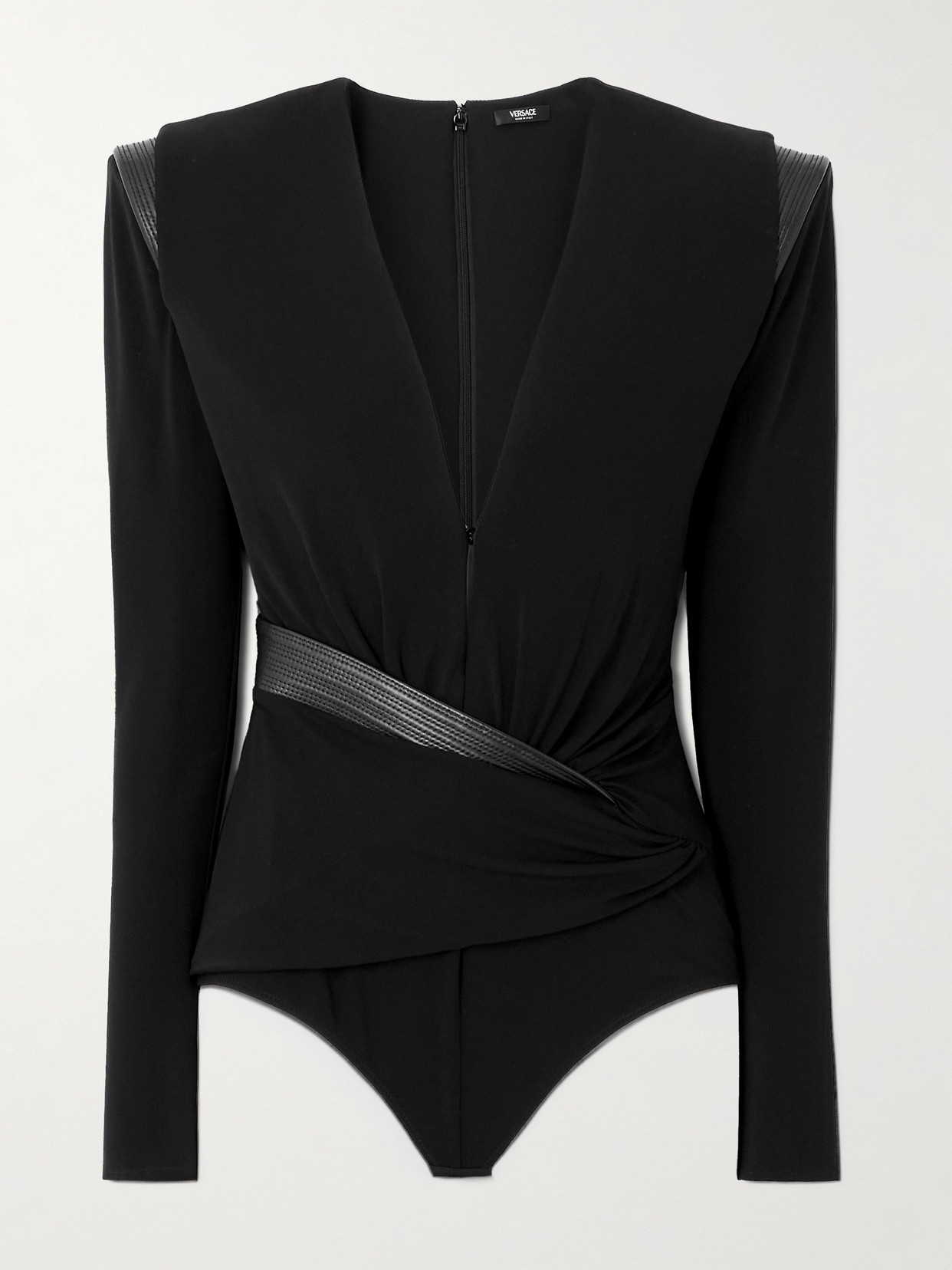 Versace Wrap-effect Leather-trimmed Crepe-jersey Bodysuit In Black