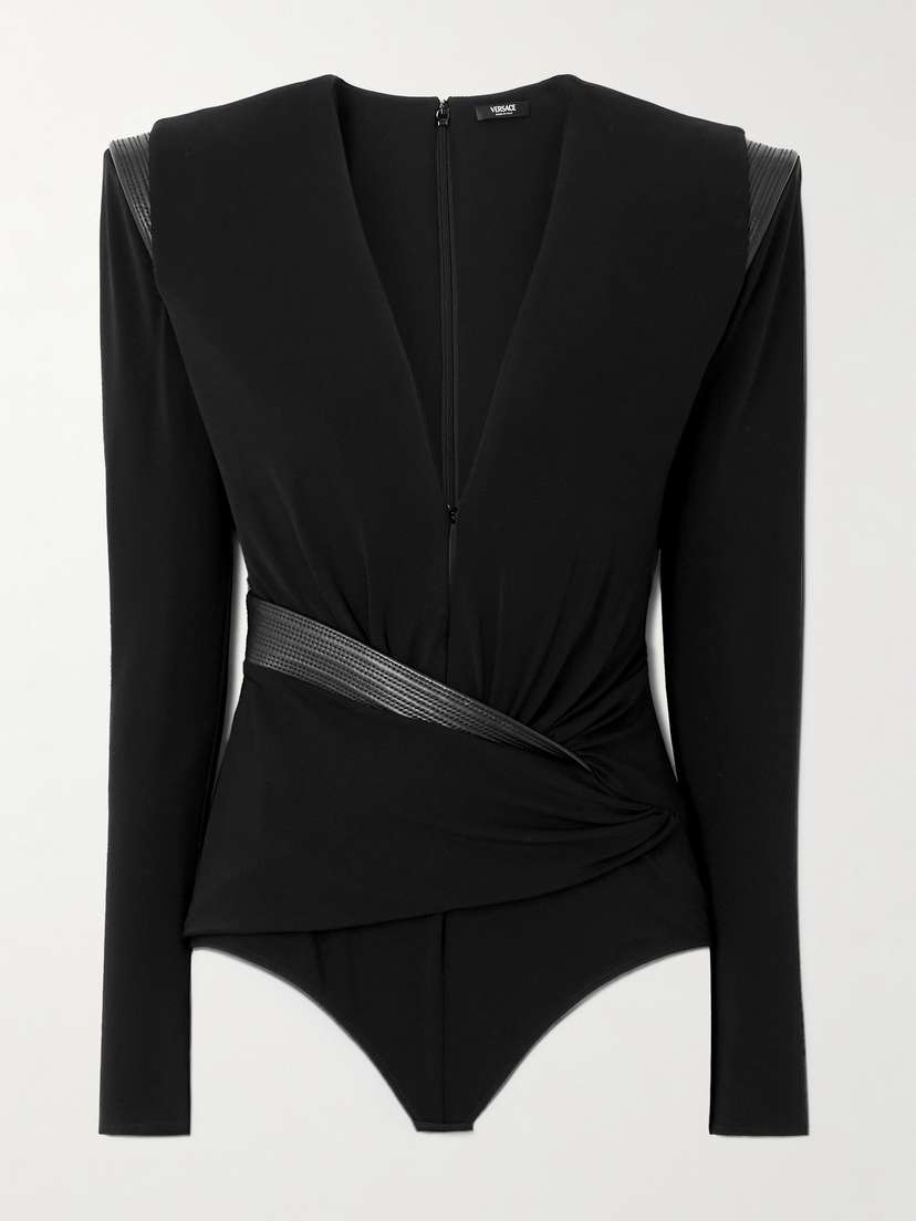 Versace Wrap-effect Leather-trimmed Crepe-jersey Bodysuit