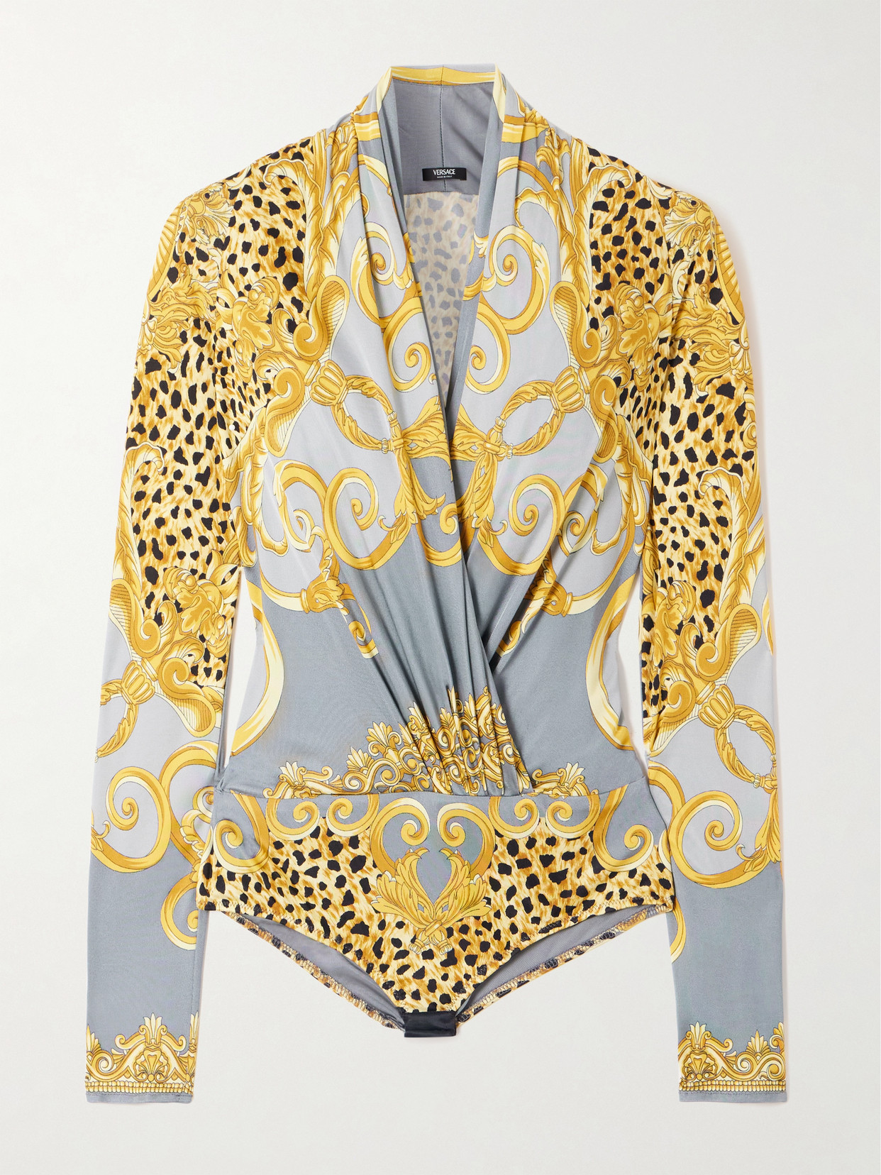 Versace Draped Printed Satin-jersey Bodysuit In Multi