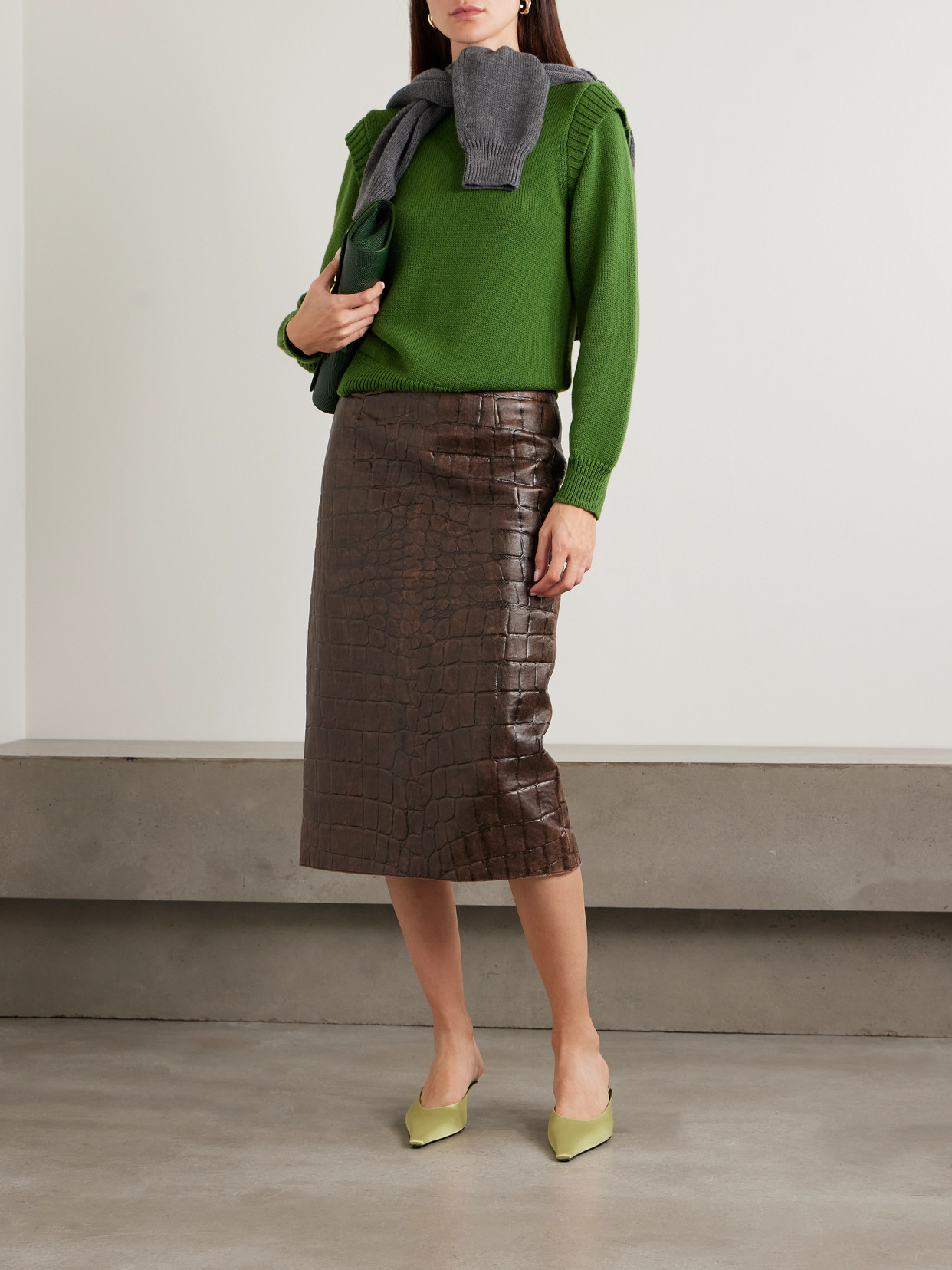 Emilia Wickstead Lorretta Croc-effect Leather Midi Skirt In Brown