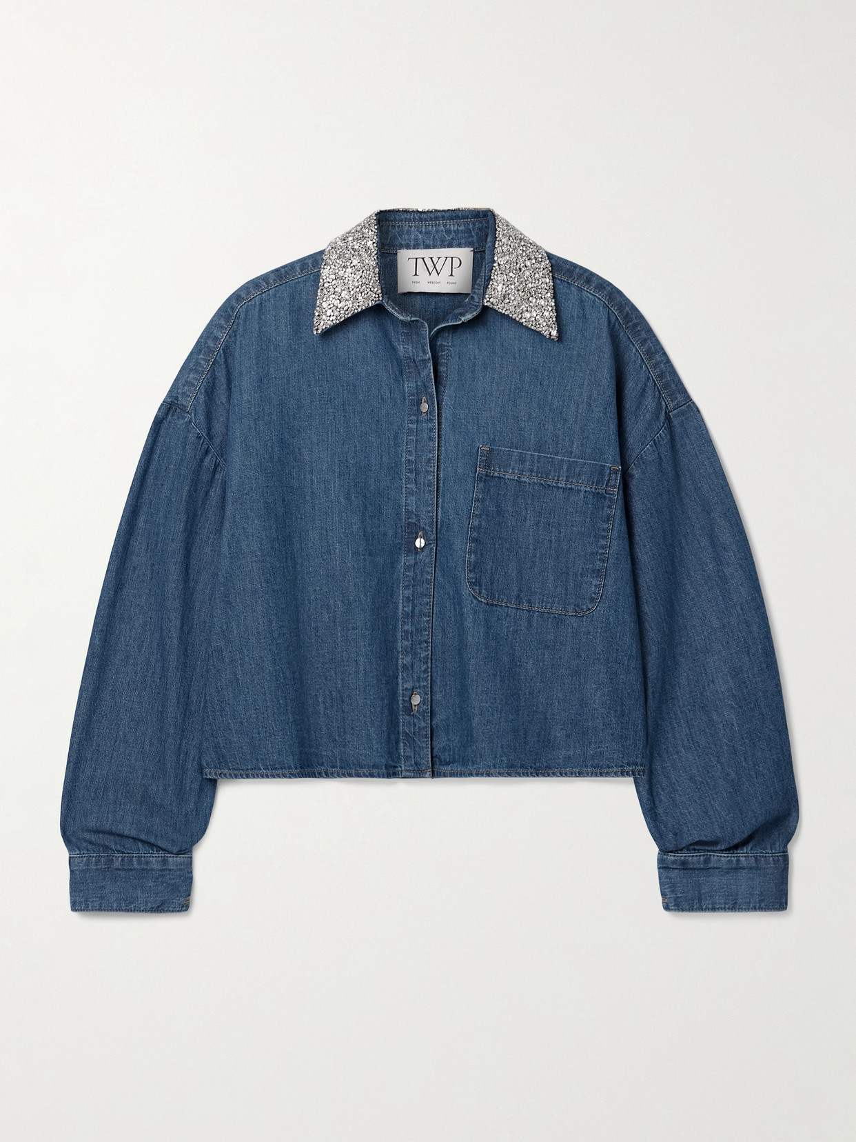 Twp My Ex's Denim Cropped Crystal-embellished Denim Shirt In Blue