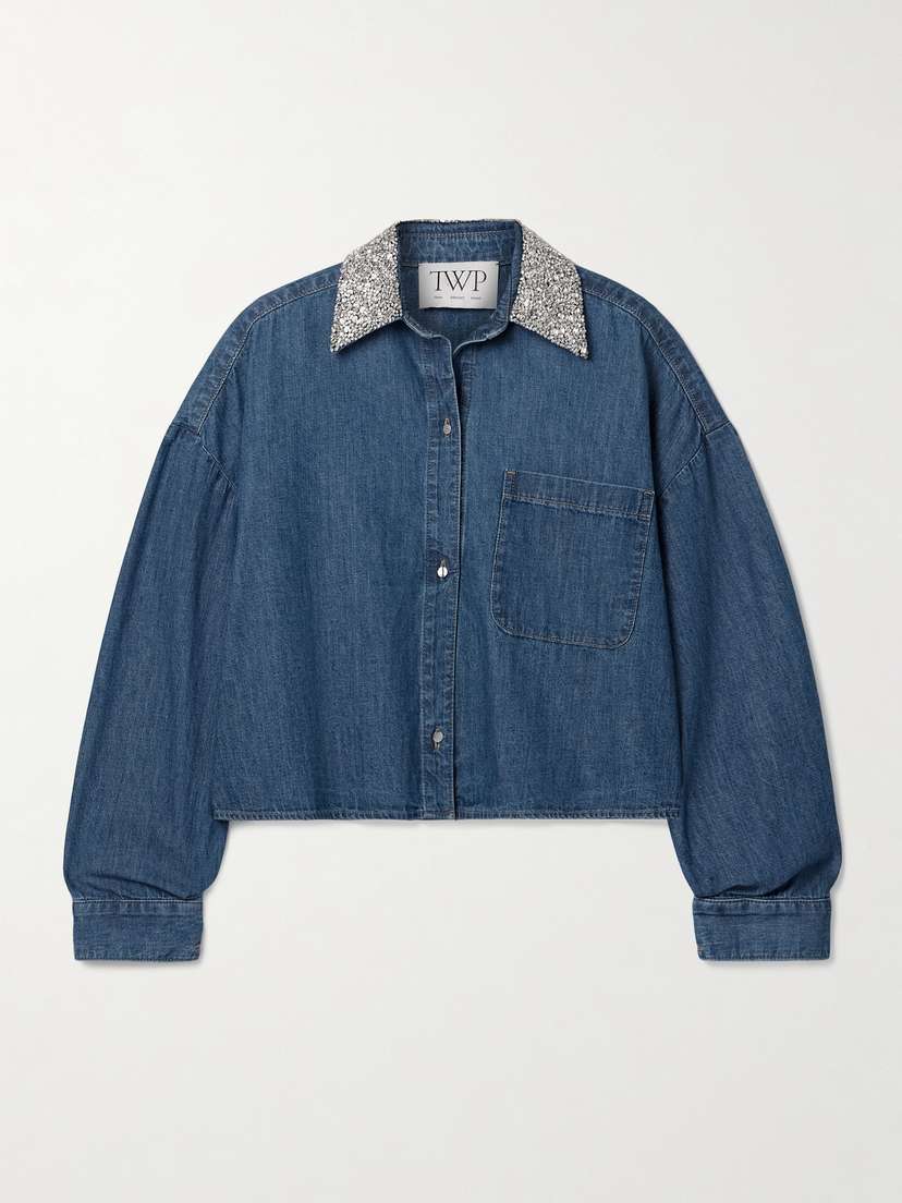 TWP My Ex's Denim Cropped Crystal-embellished Denim Shirt