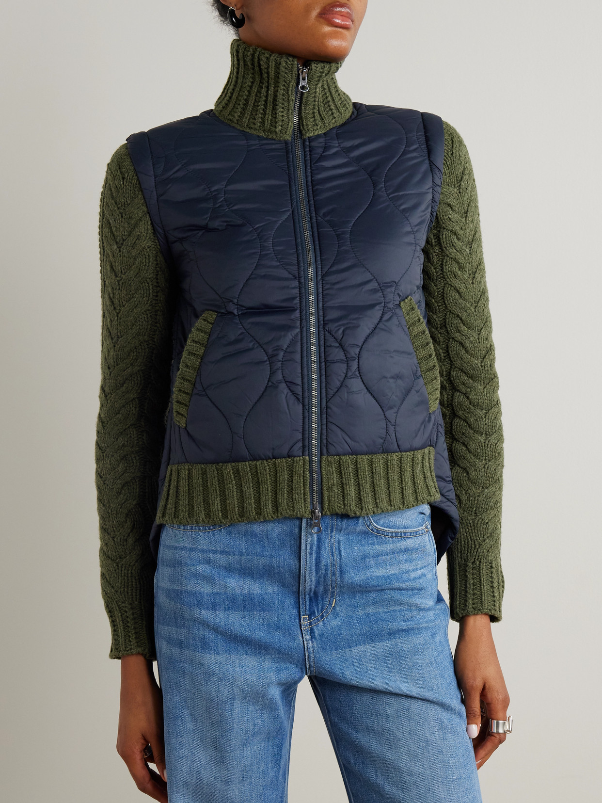 Veronica Beard Patra Cable-knit Wool-blend And Quilted Shell Jacket In Blue