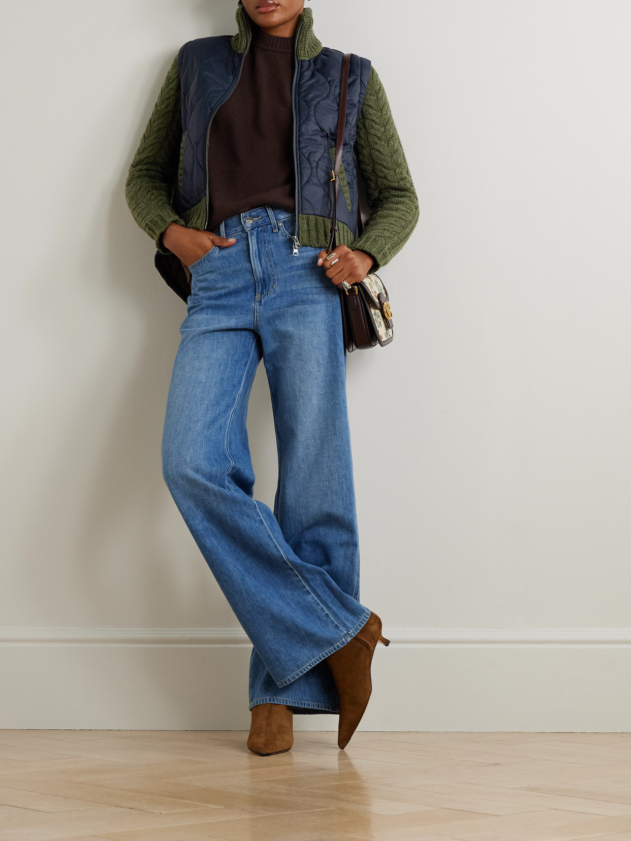 Veronica Beard Patra Cable-knit Wool-blend And Quilted Shell Jacket In Blue