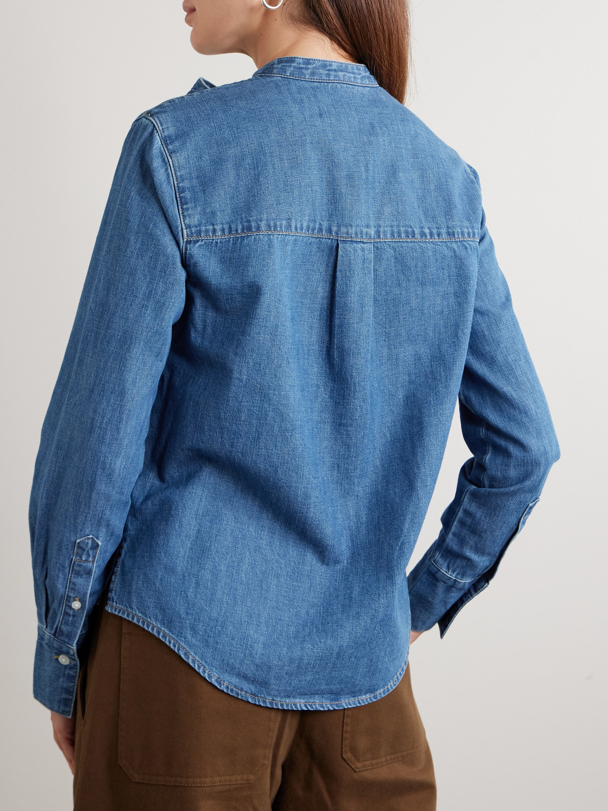 Veronica Beard Gabby Tie Neck Button-up Denim Shirt In Blue