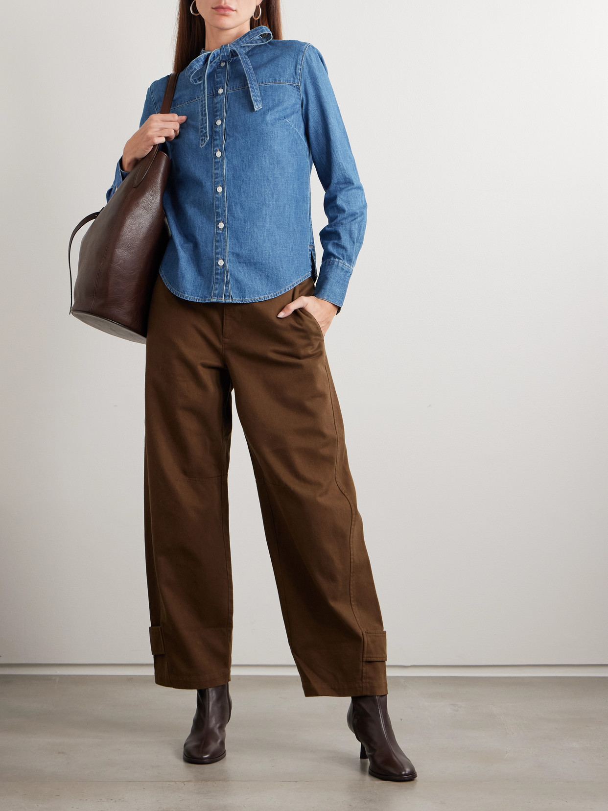 Veronica Beard Gabby Tie Neck Button-up Denim Shirt In Blue