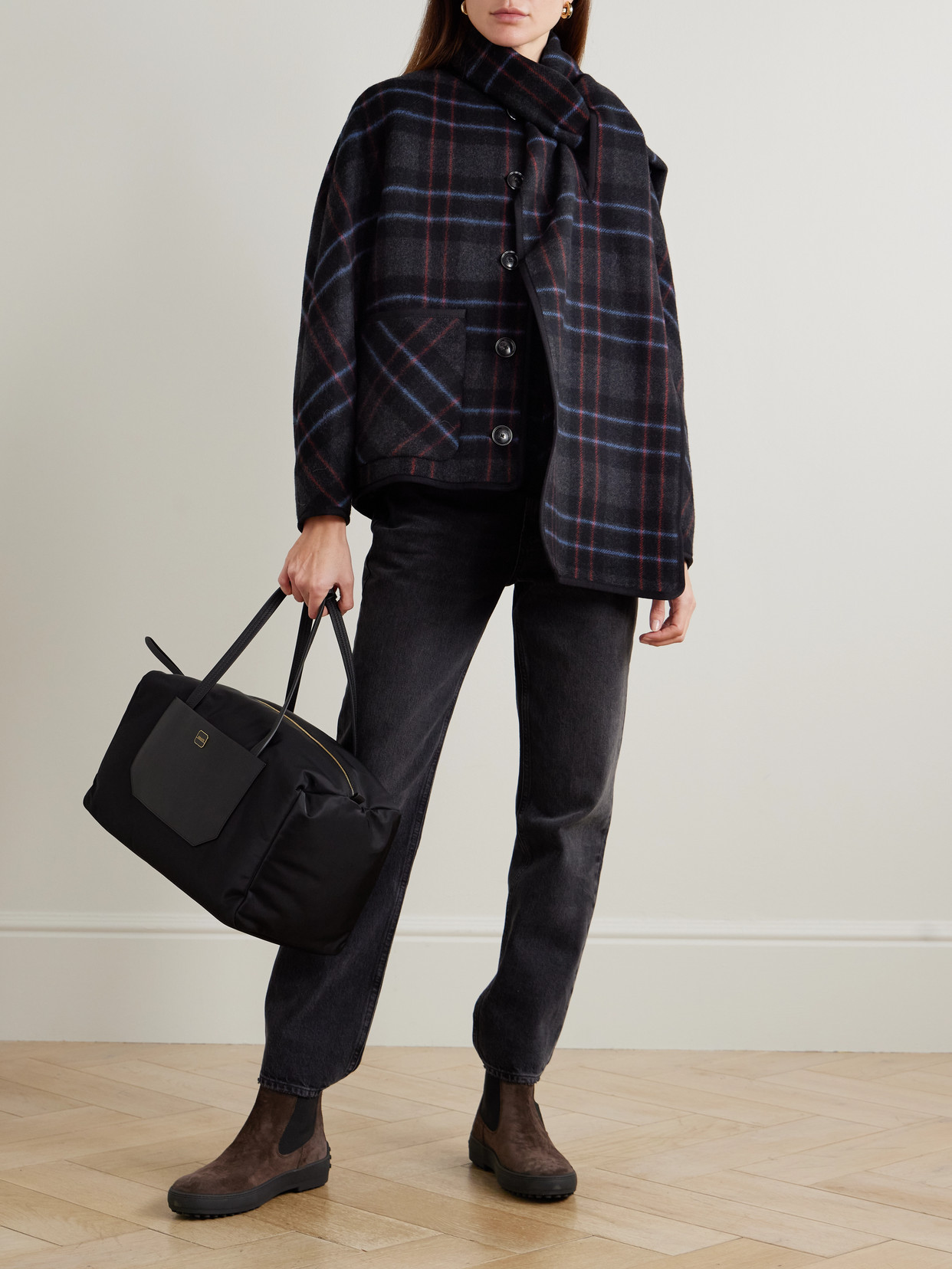 Martine Scarf-Detailed Checked Wool-Blend Jacket