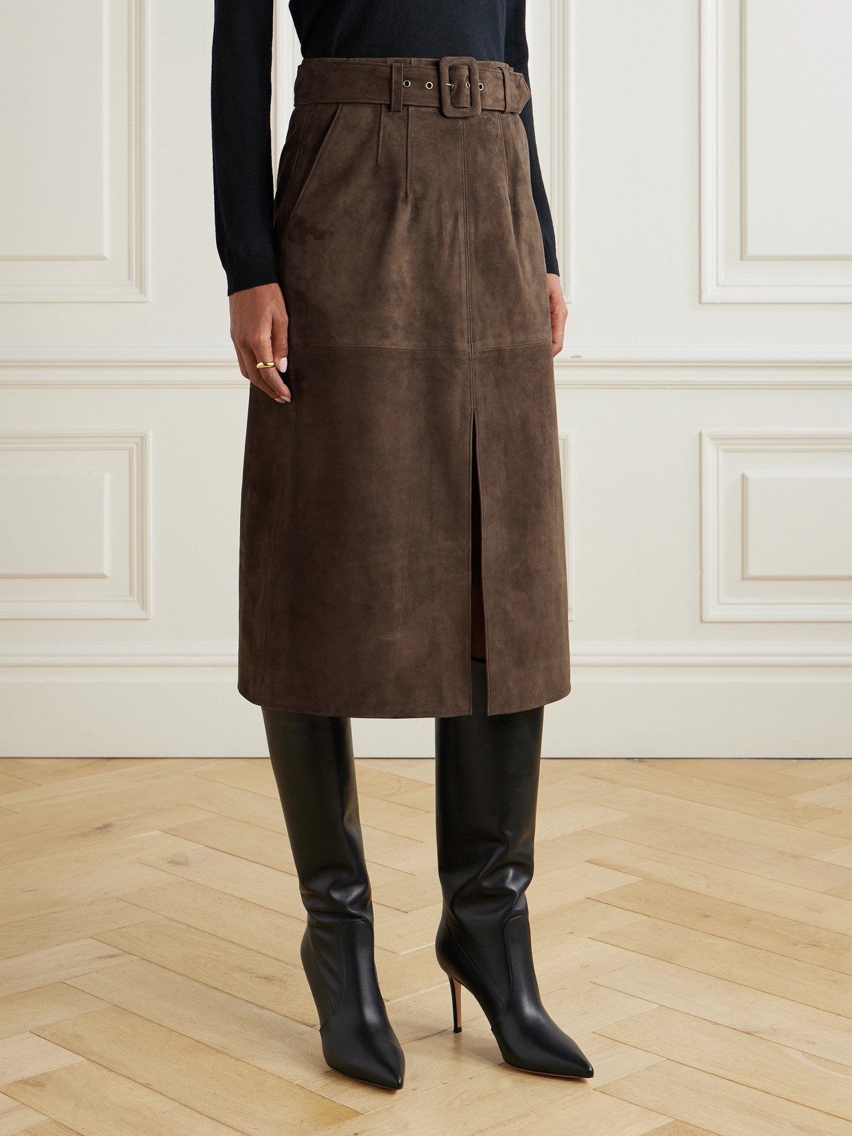 Veronica Beard Alexie Belted Suede Midi Skirt In Brown