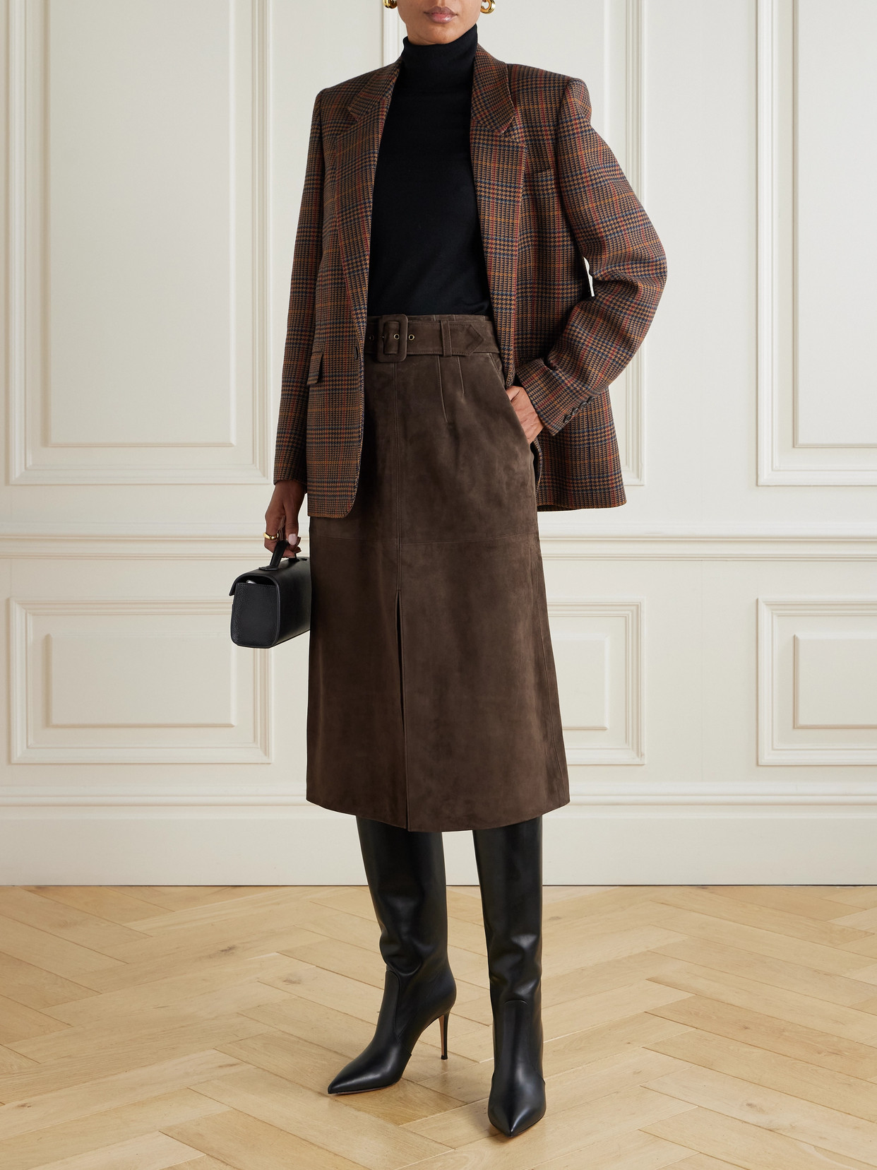 Veronica Beard Alexie Belted Suede Midi Skirt In Brown