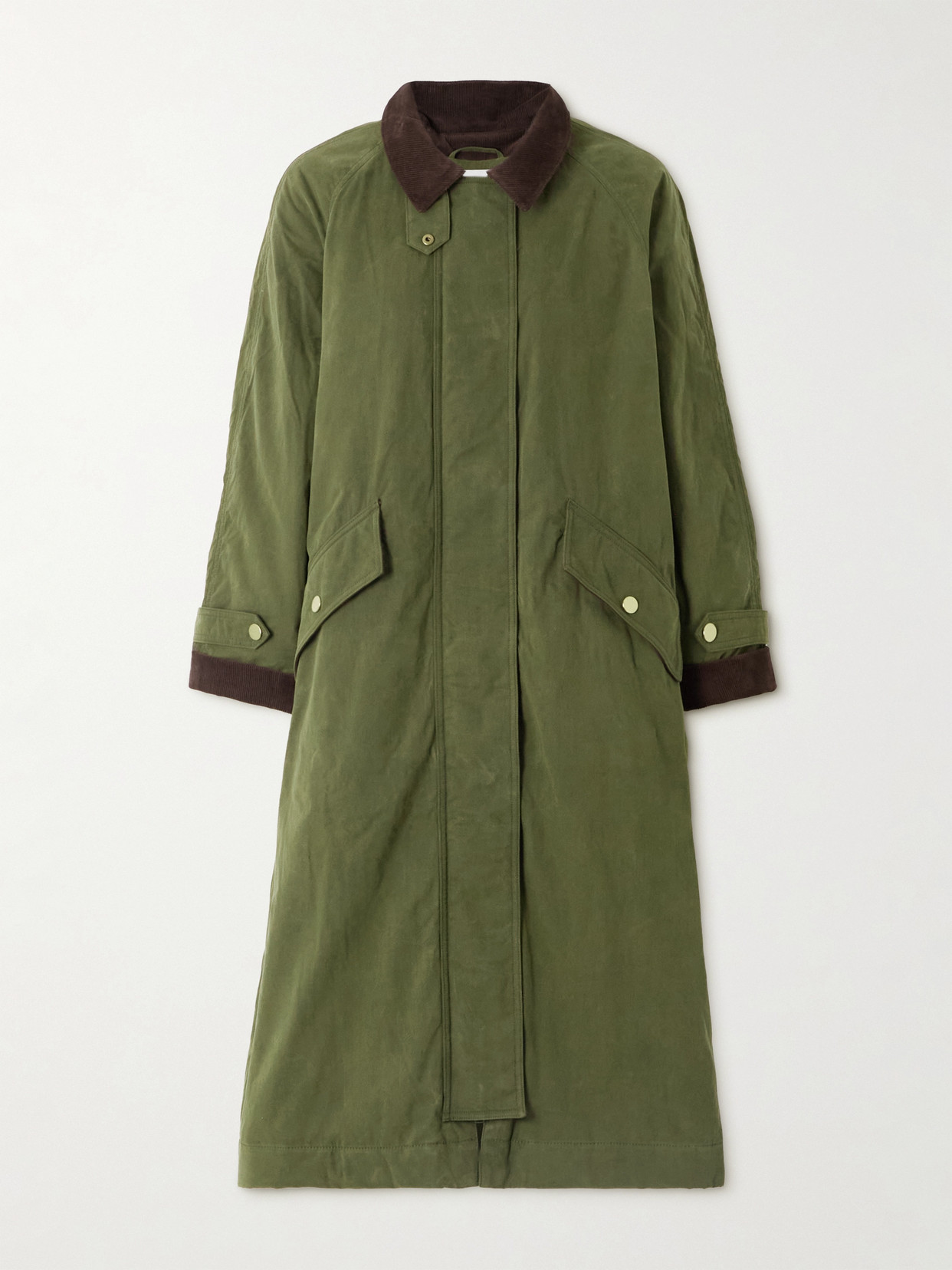 Veronica Beard Dietz Corduroy-trimmed Waxed Cotton-blend Coat In Green