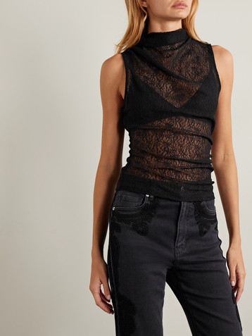 Veronica Beard Mylie ruched stretch-lace turtleneck top