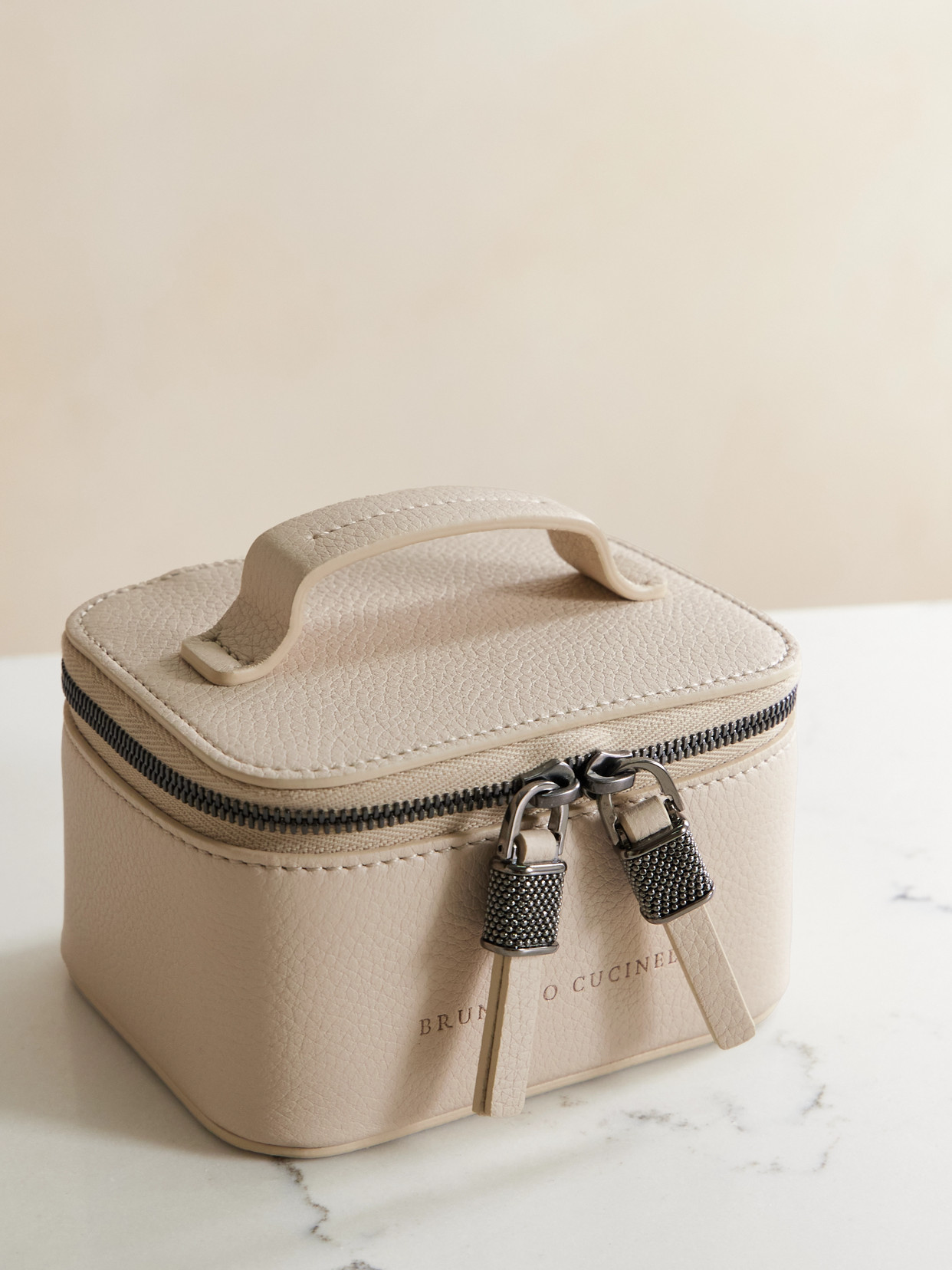 Brunello Cucinelli Bead-embellished Textured-leather Cosmetics Case In White