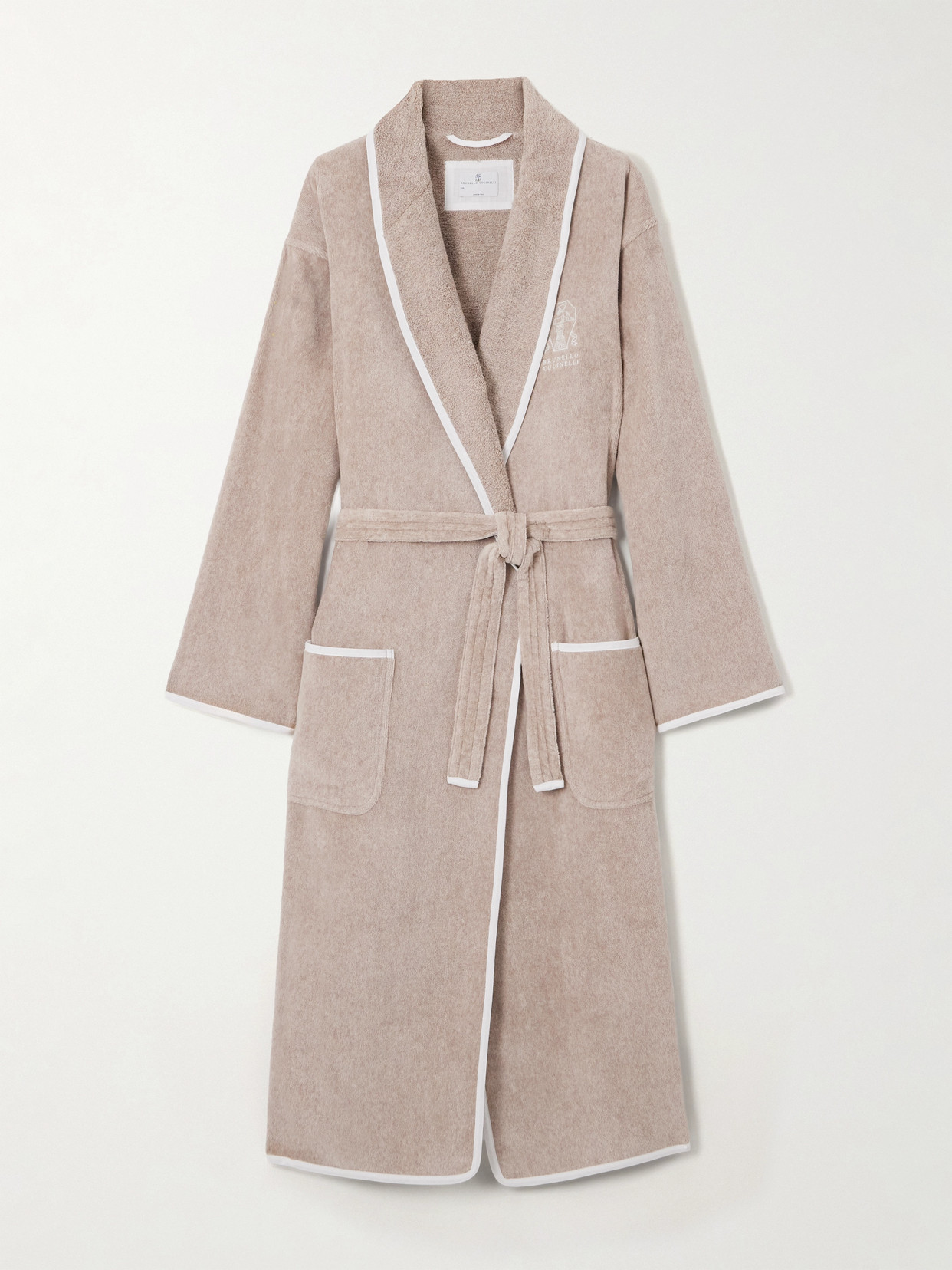 Brunello Cucinelli Embroidered Linen-trimmed Cotton-terry Robe In Brown
