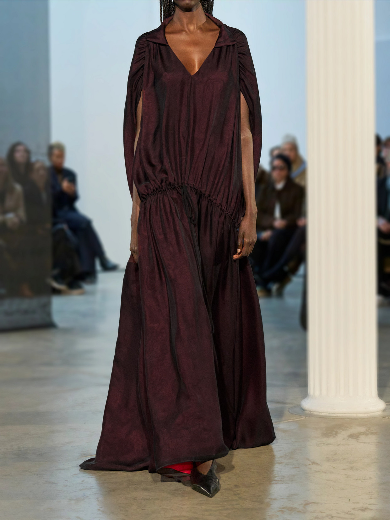 Kallmeyer Gillian Layered Gathered Silk-chiffon Maxi Dress In Burgundy
