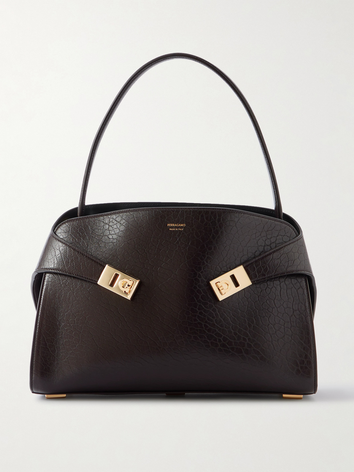 Ferragamo Hug Small Embellished Cracked-leather Tote In Brown
