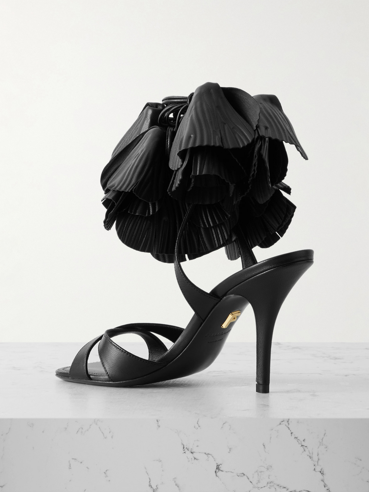 Ferragamo Estrella Leather Flower Ankle-tie Sandals In Black