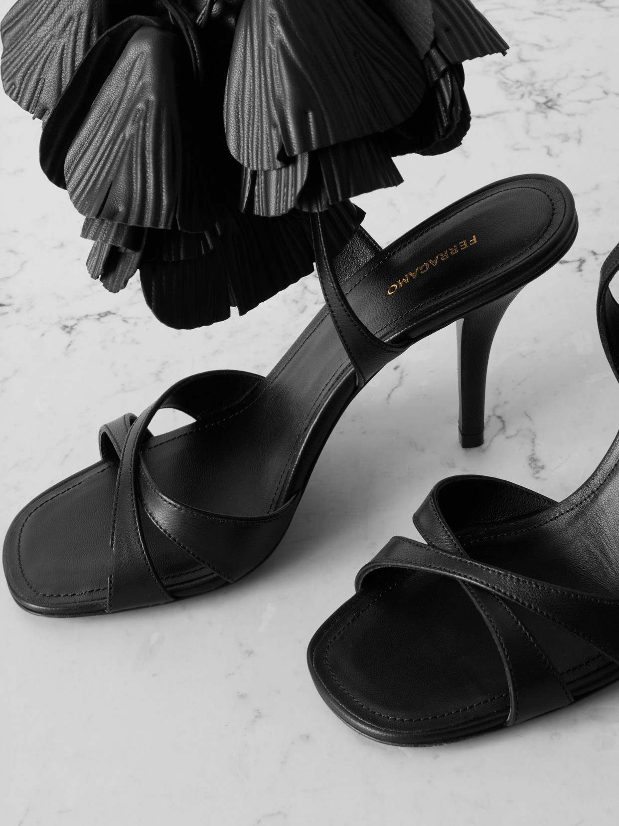 Ferragamo Estrella Leather Flower Ankle-tie Sandals In Black