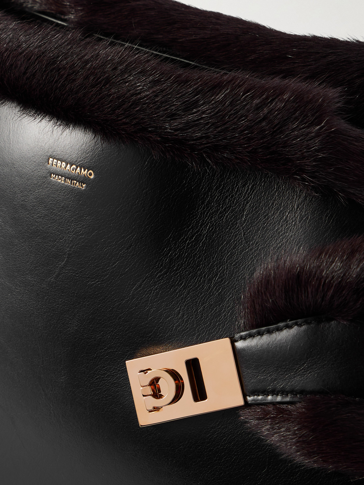 Ferragamo Hug Shearling-trimmed Leather Shoulder Bag In Black
