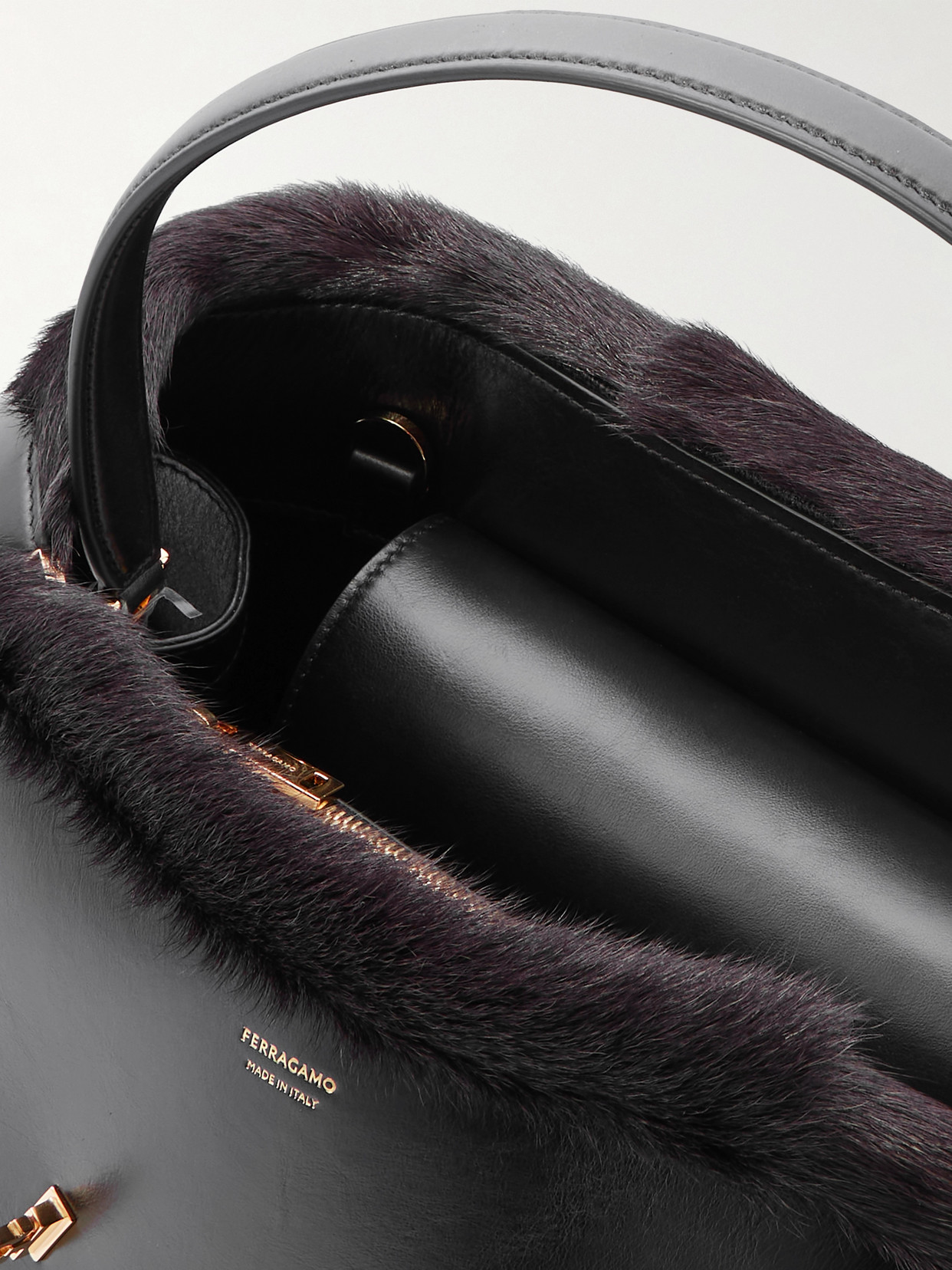Ferragamo Hug Shearling-trimmed Leather Shoulder Bag In Black