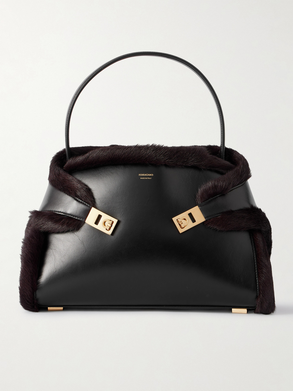 Ferragamo Hug Shearling-trimmed Leather Shoulder Bag In Black