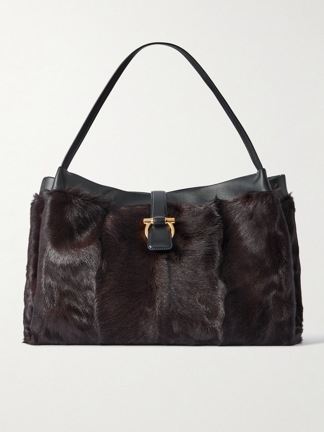 Ferragamo Leather-trimmed Shearling Shoulder Bag In Brown