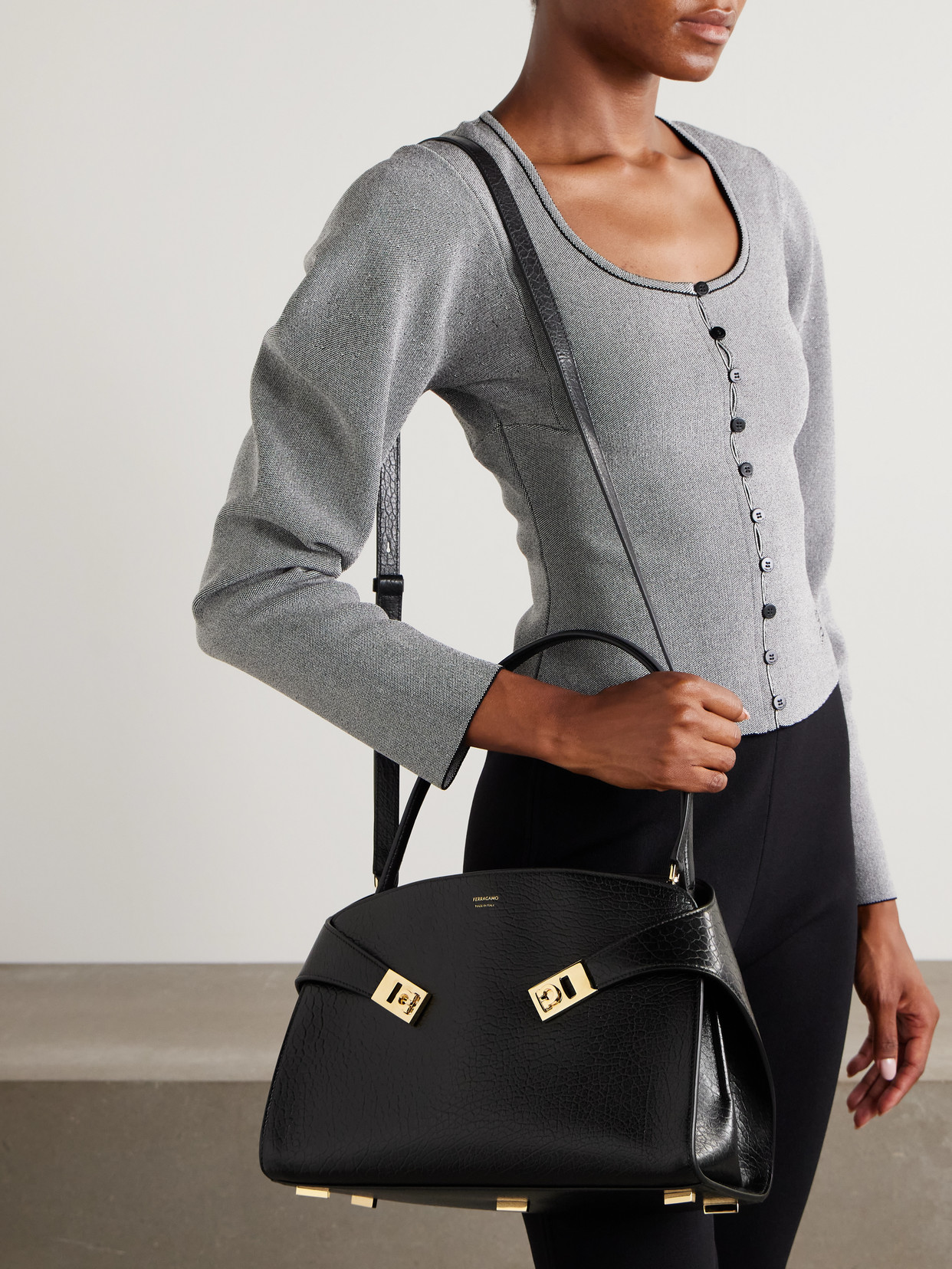 Ferragamo Hug Black Shoulder Bag With Logo Print On The Front In Leather Woman In Multi