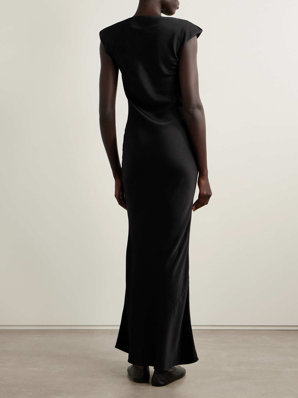 The Row Tefra Cowl-neck Satin Strong-shoulder Maxi Dress In Black