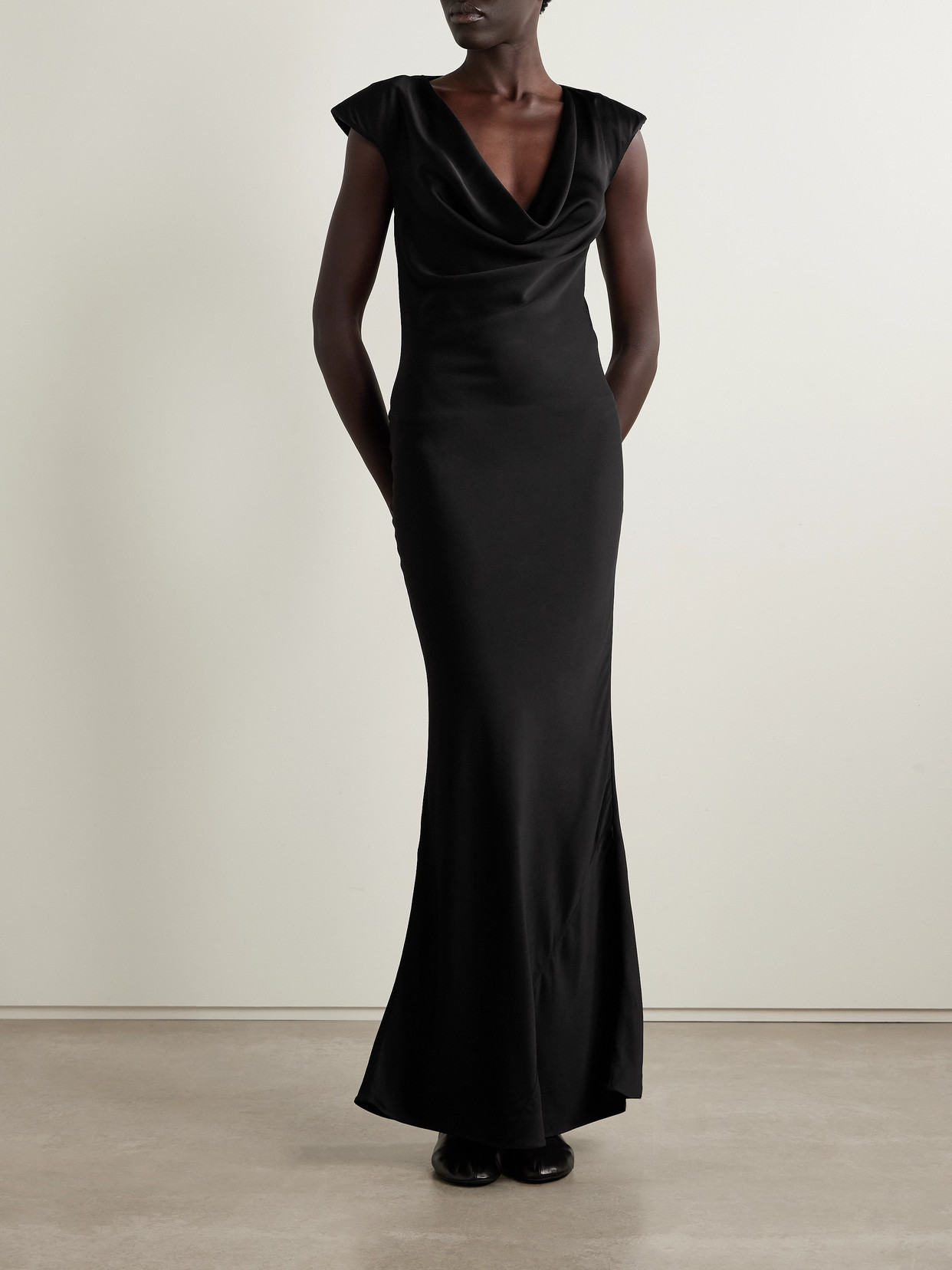 The Row Tefra Cowl-neck Satin Strong-shoulder Maxi Dress In Black