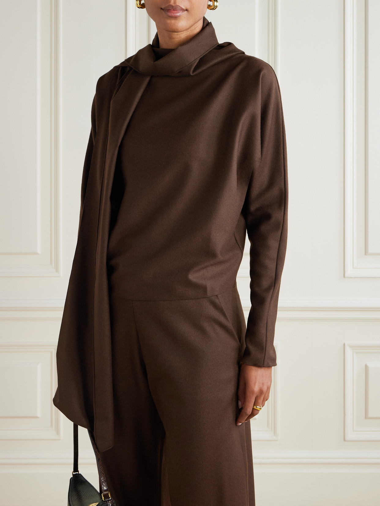 Cortana Fabula Scarf-detailed Wool-blend Blouse In Brown