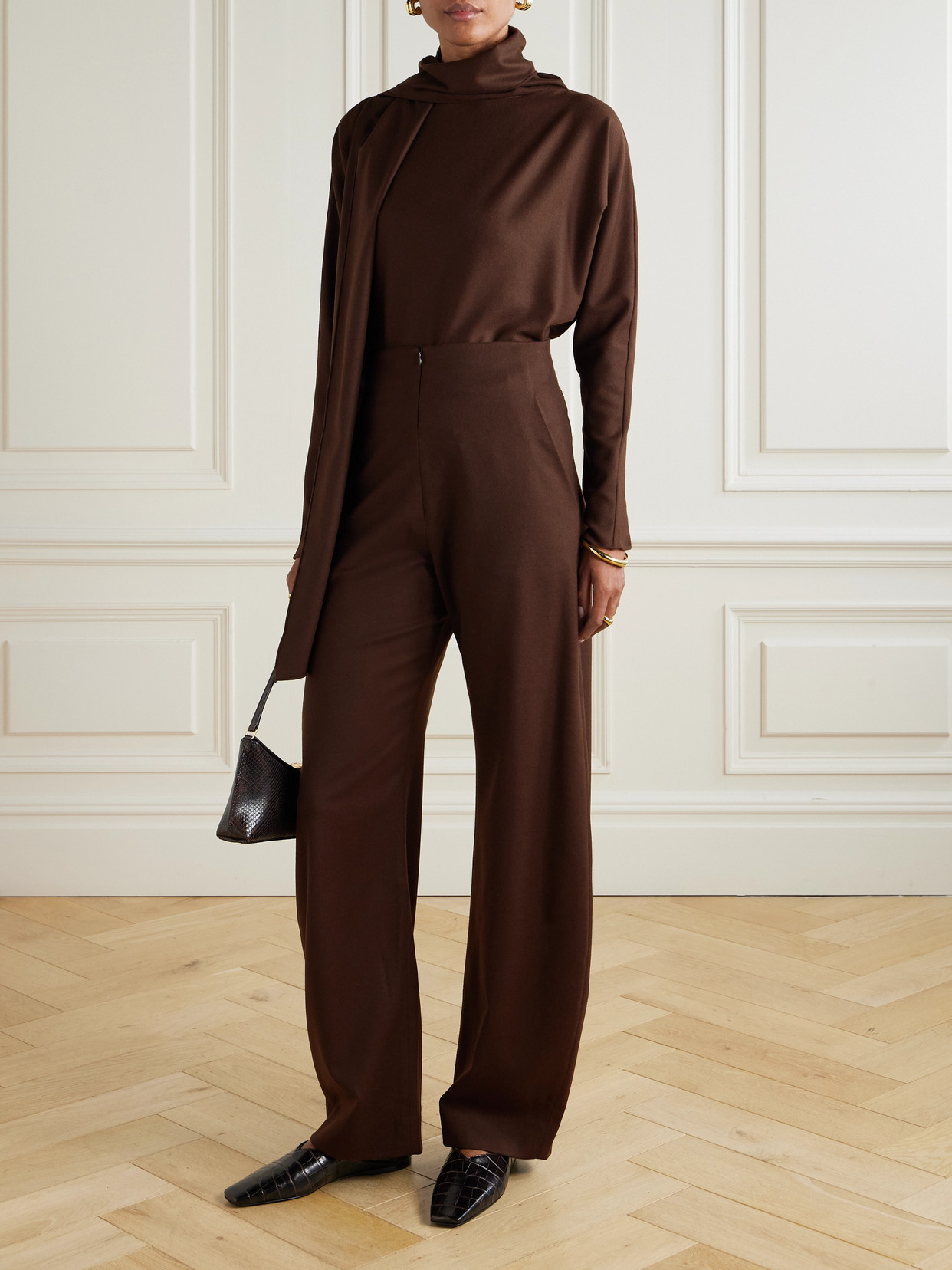 Cortana Fabula Scarf-detailed Wool-blend Blouse In Brown
