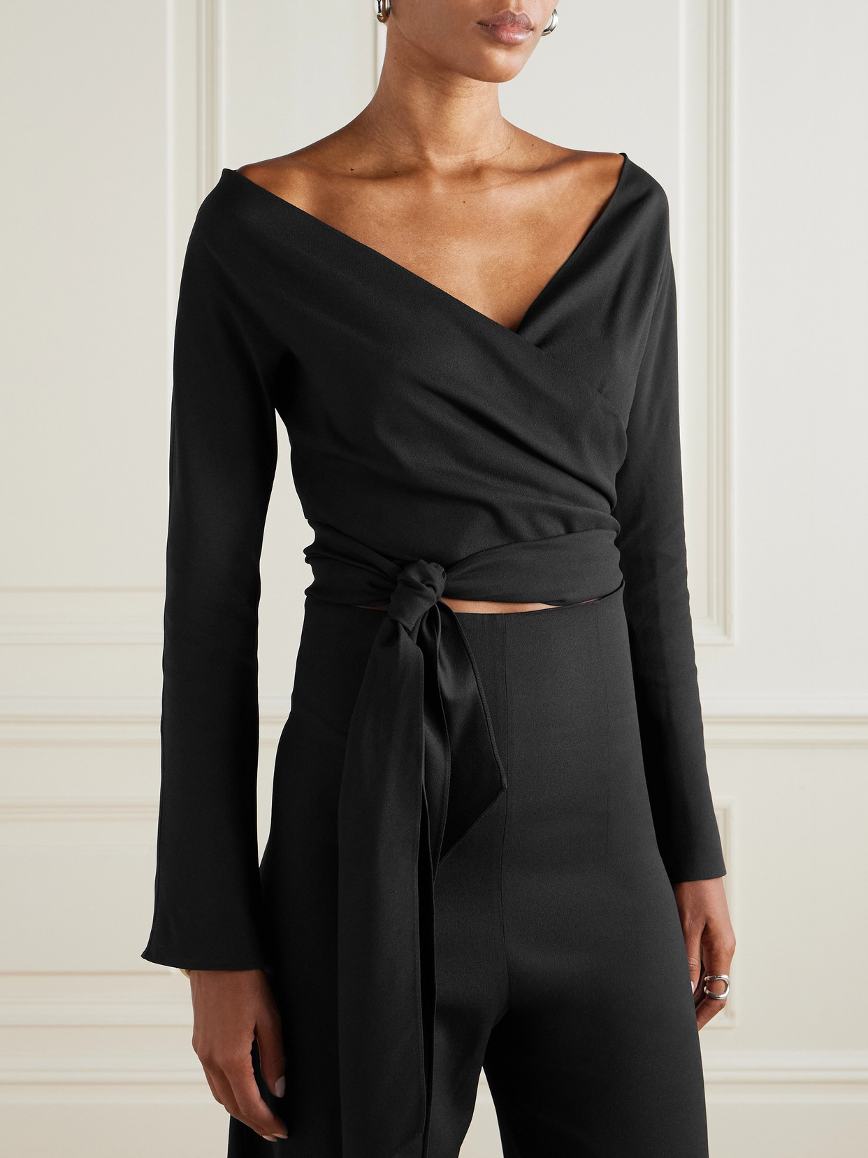 Cortana Ever Off-the-shoulder Stretch-crepe Wrap Blouse In Black