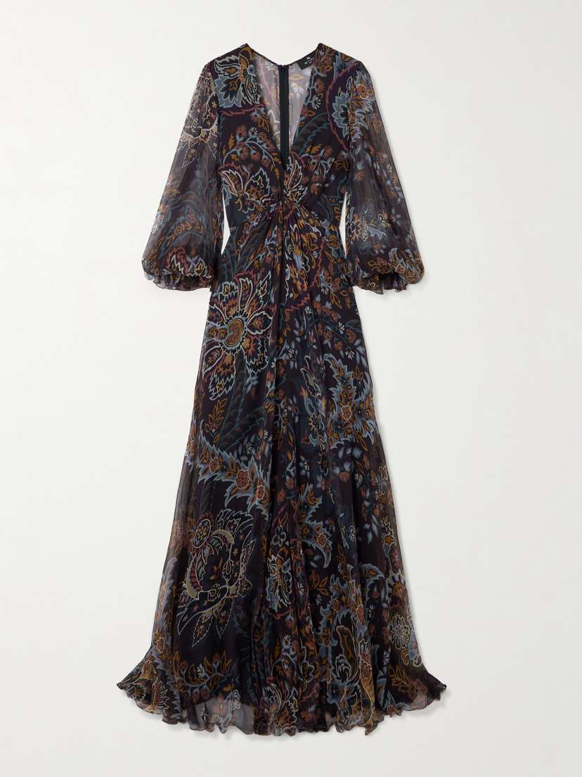 Etro Pleated Gathered Floral-print Silk-crepon Maxi Dress