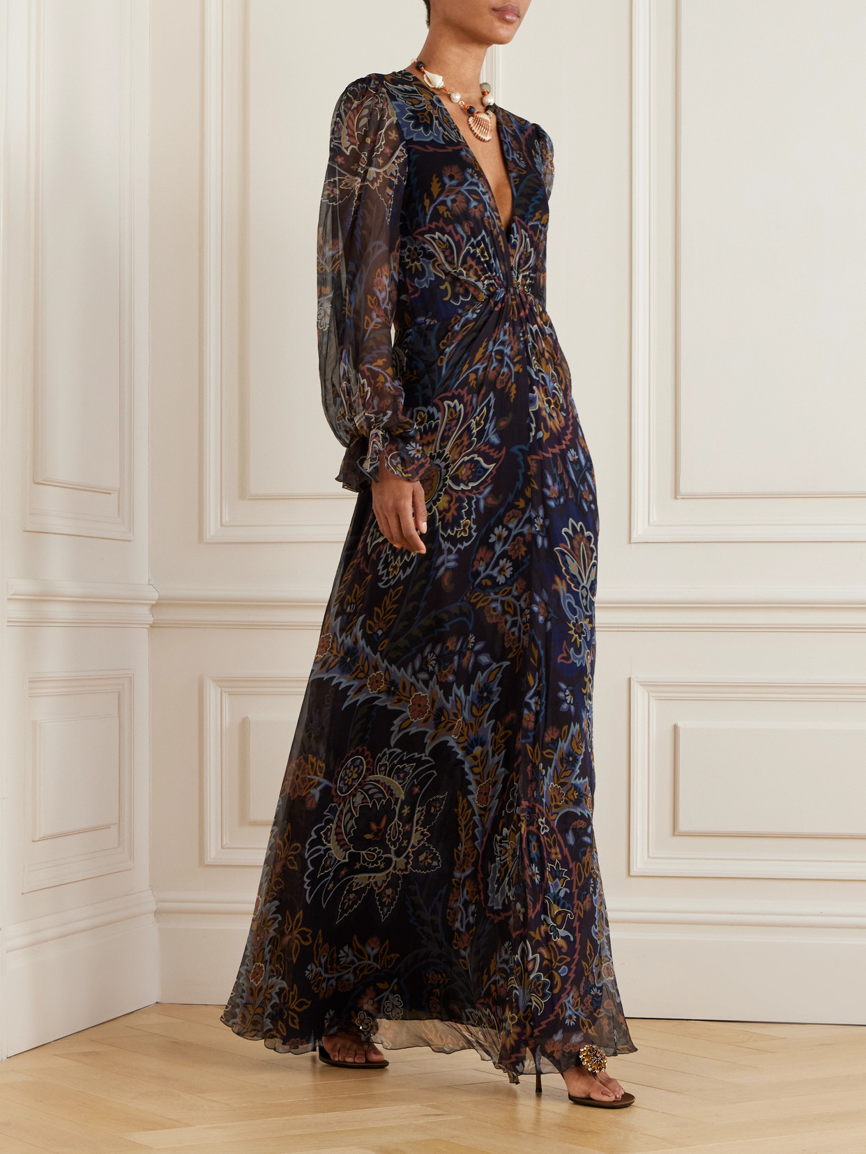 Etro Pleated Gathered Floral-print Silk-crepon Maxi Dress