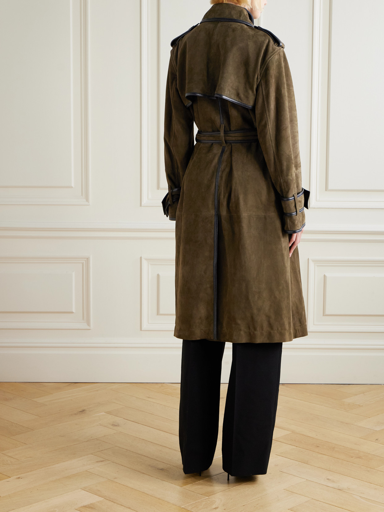 Nina Ricci Double-breasted Belted Velvet And Leather-trimmed Suede Coat In Green
