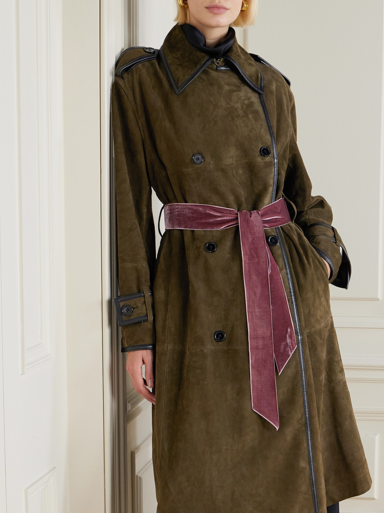 Nina Ricci Double-breasted Belted Velvet And Leather-trimmed Suede Coat In Green