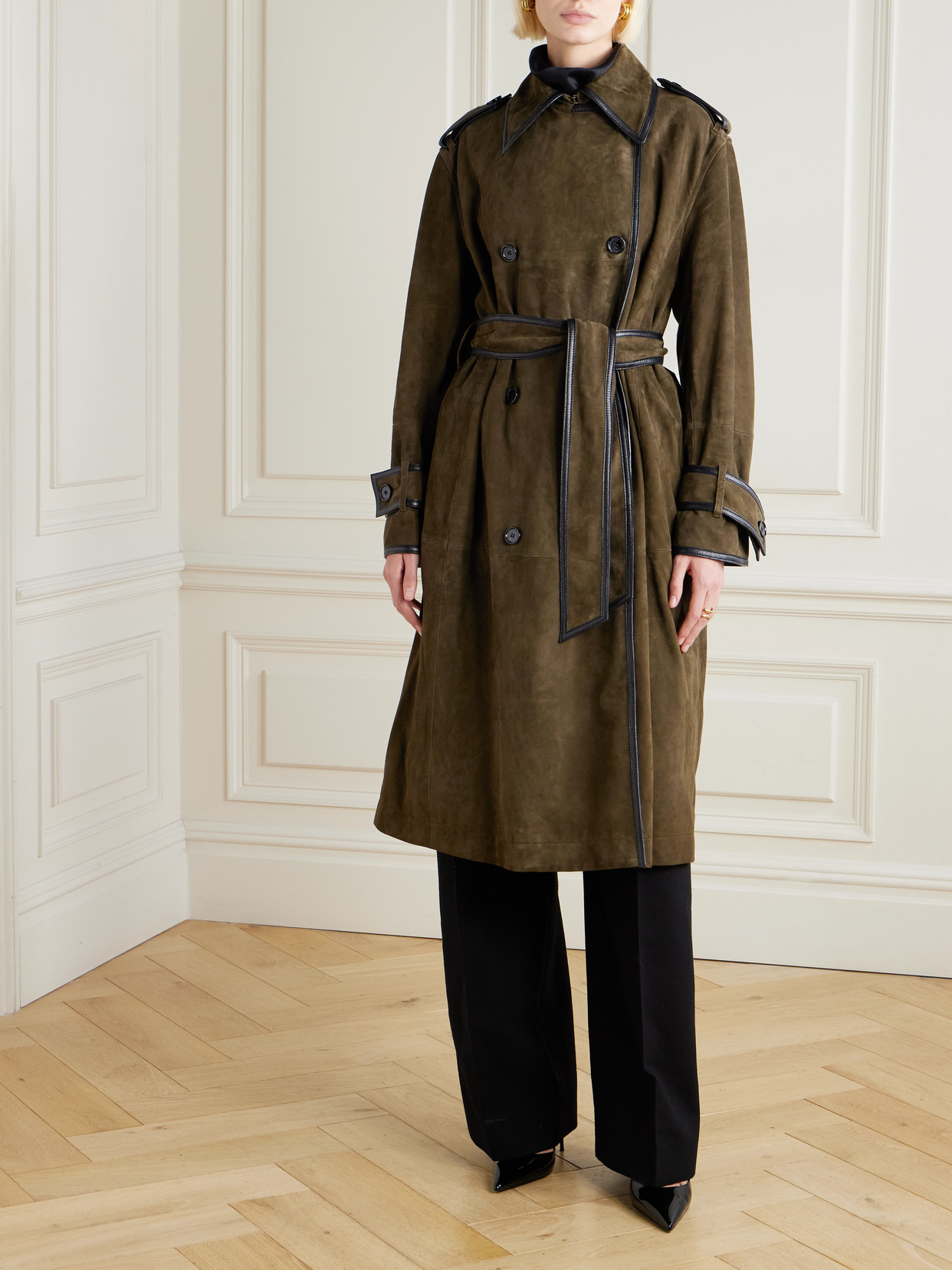 Nina Ricci Double-breasted Belted Velvet And Leather-trimmed Suede Coat In Green