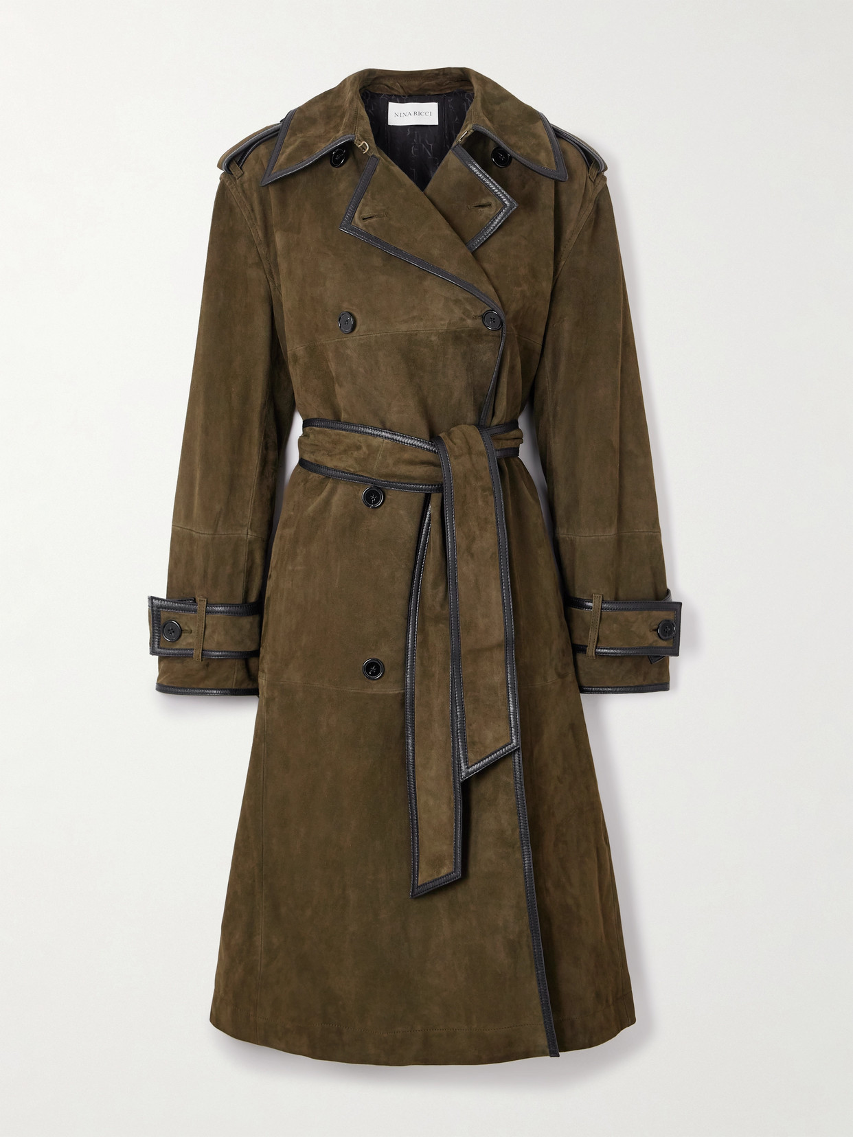 Nina Ricci Double-breasted Belted Velvet And Leather-trimmed Suede Coat In Brown