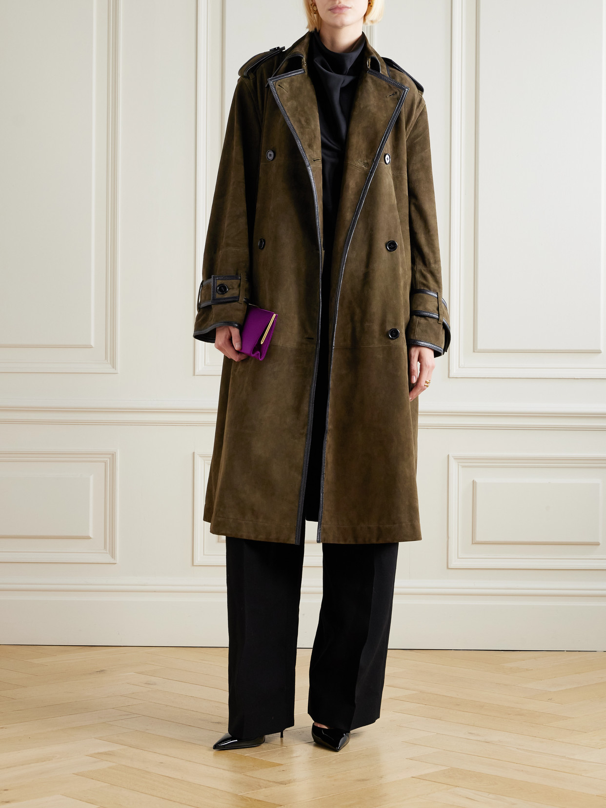 Nina Ricci Double-breasted Belted Velvet And Leather-trimmed Suede Coat In Green