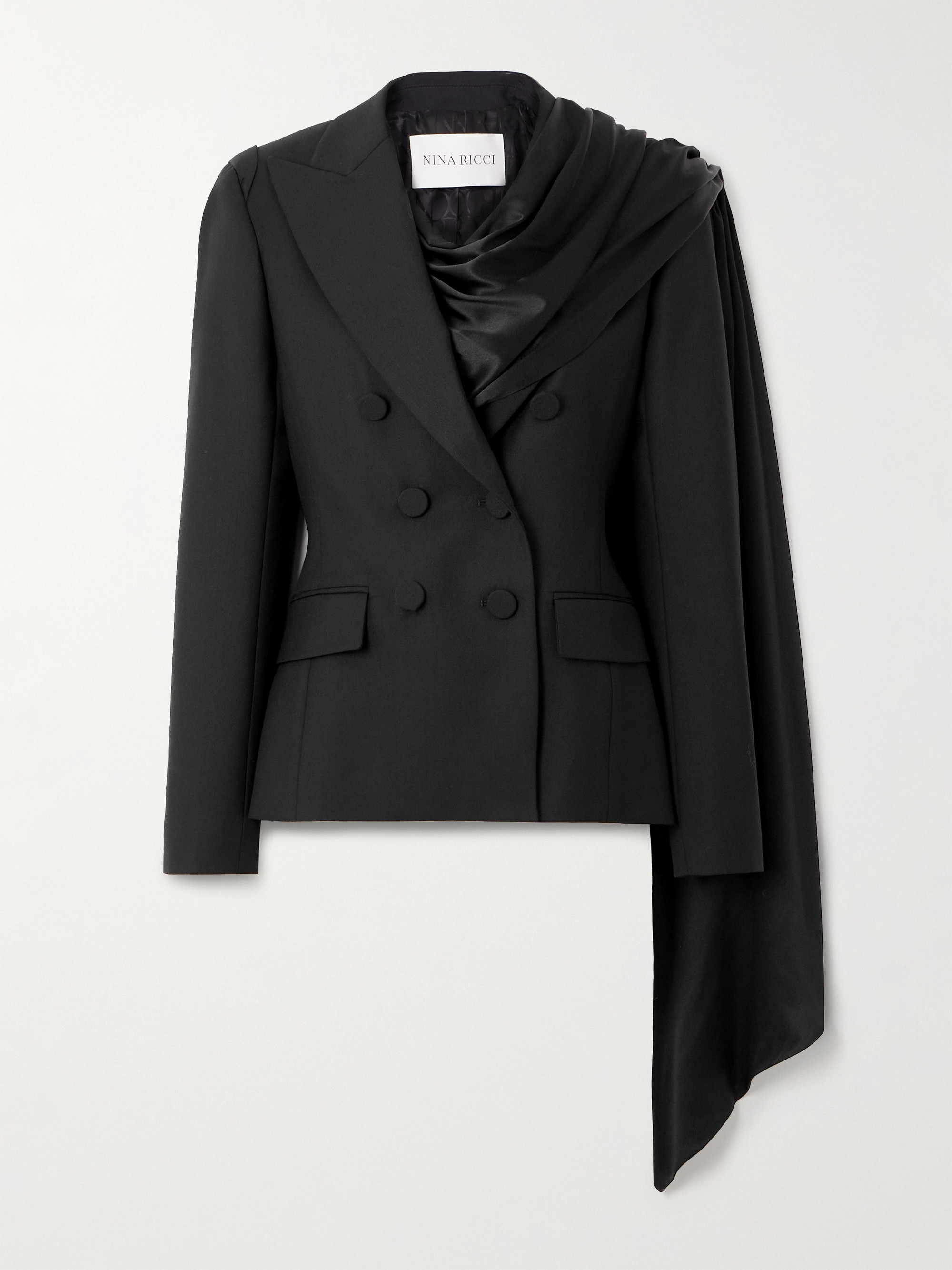 Nina Ricci Double-breasted draped satin-trimmed wool blazer thumbnail