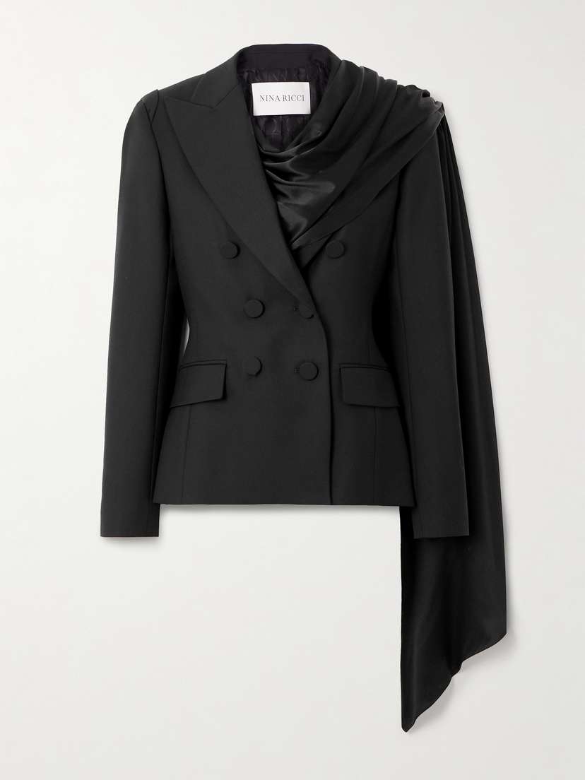 Nina Ricci Double-breasted Draped Satin-trimmed Wool Blazer