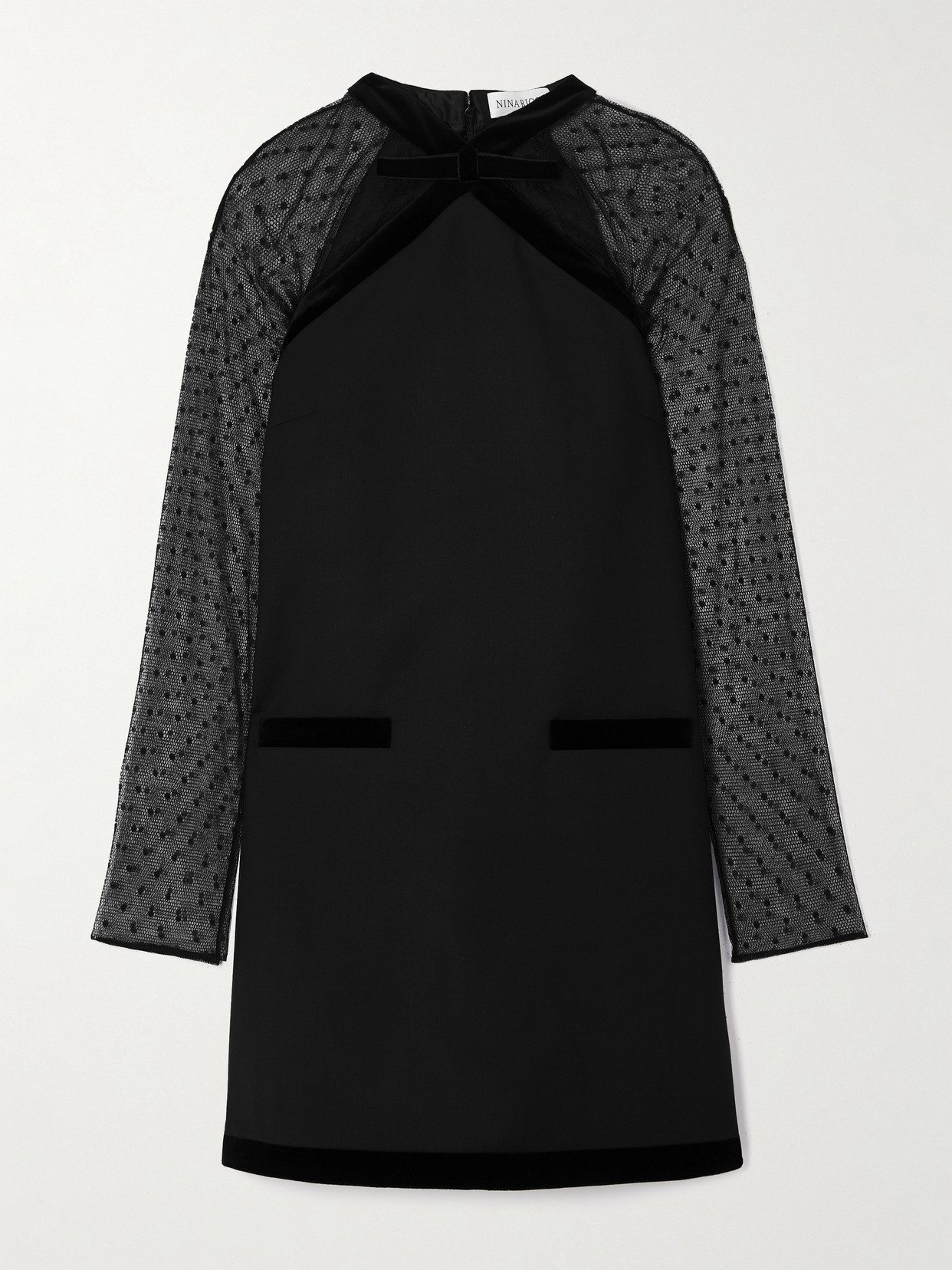 Nina Ricci Bow-detailed Velvet-trimmed Polka-dot Tulle And Wool-gabardine Mini Dress In Black