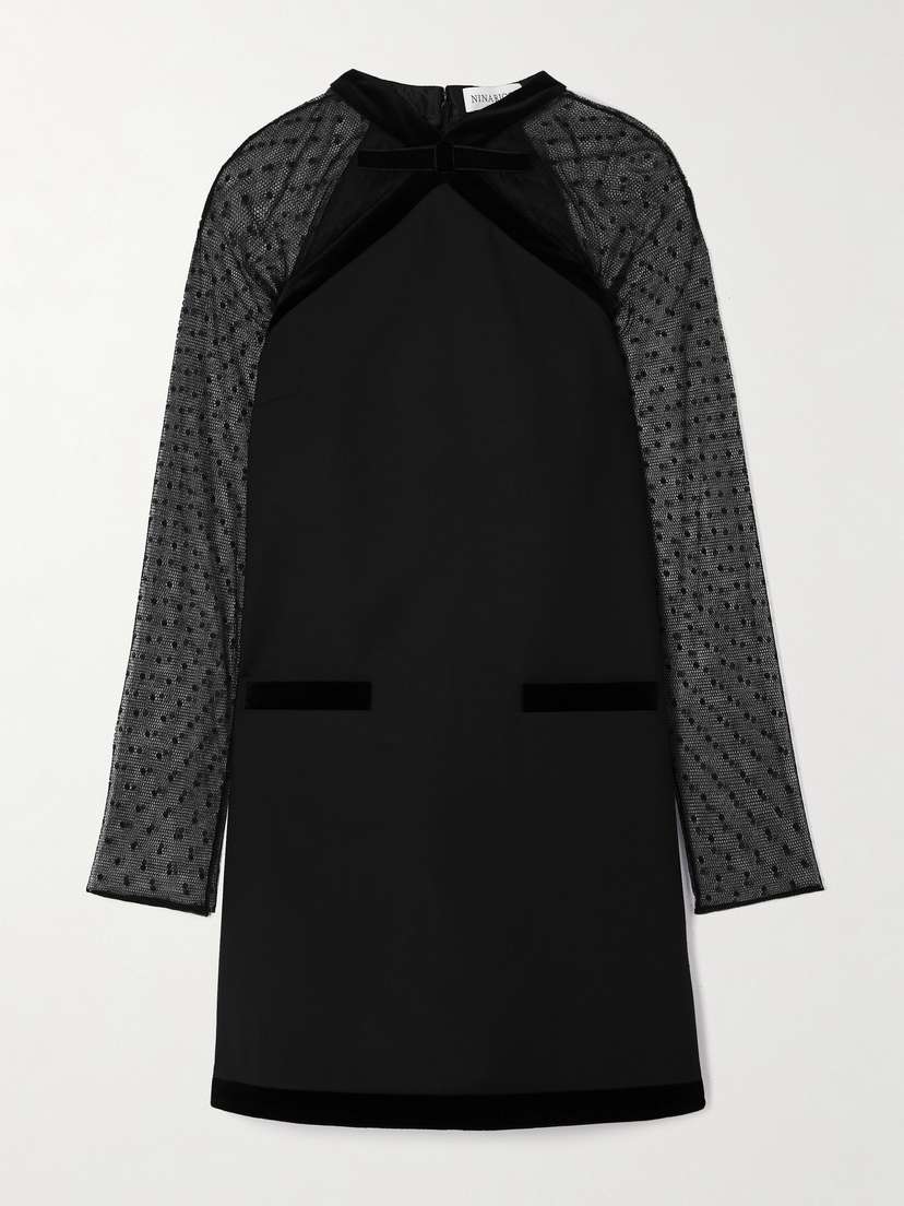 Nina Ricci Bow-detailed Velvet-trimmed Polka-dot Tulle And Wool-gabardine Mini Dress