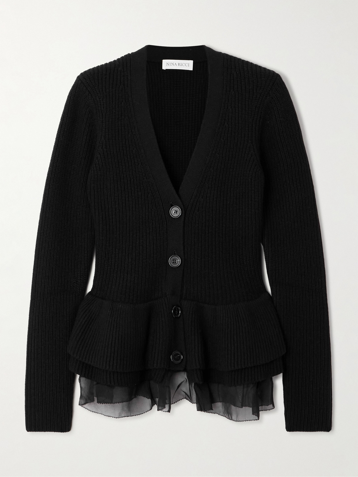 Nina Ricci Ruffled Silk Chiffon-trimmed Ribbed Wool Cardigan In Black