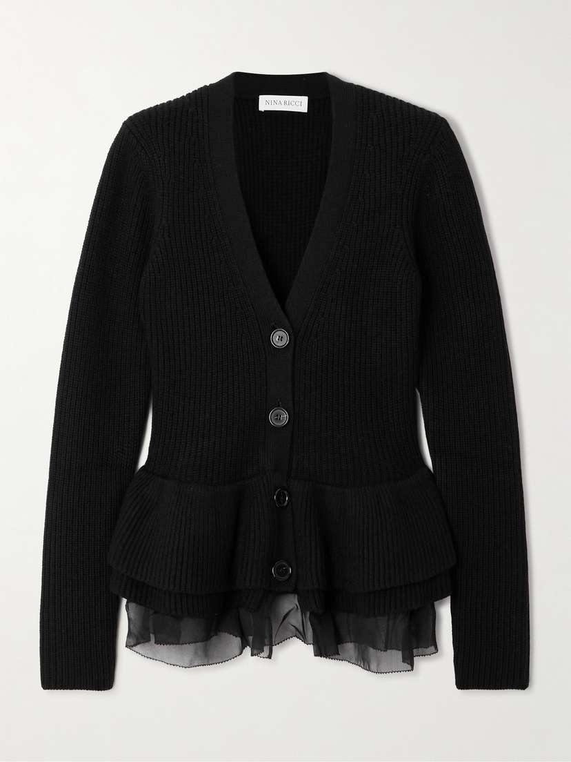 Nina Ricci Ruffled Silk Chiffon-trimmed Ribbed Wool Cardigan