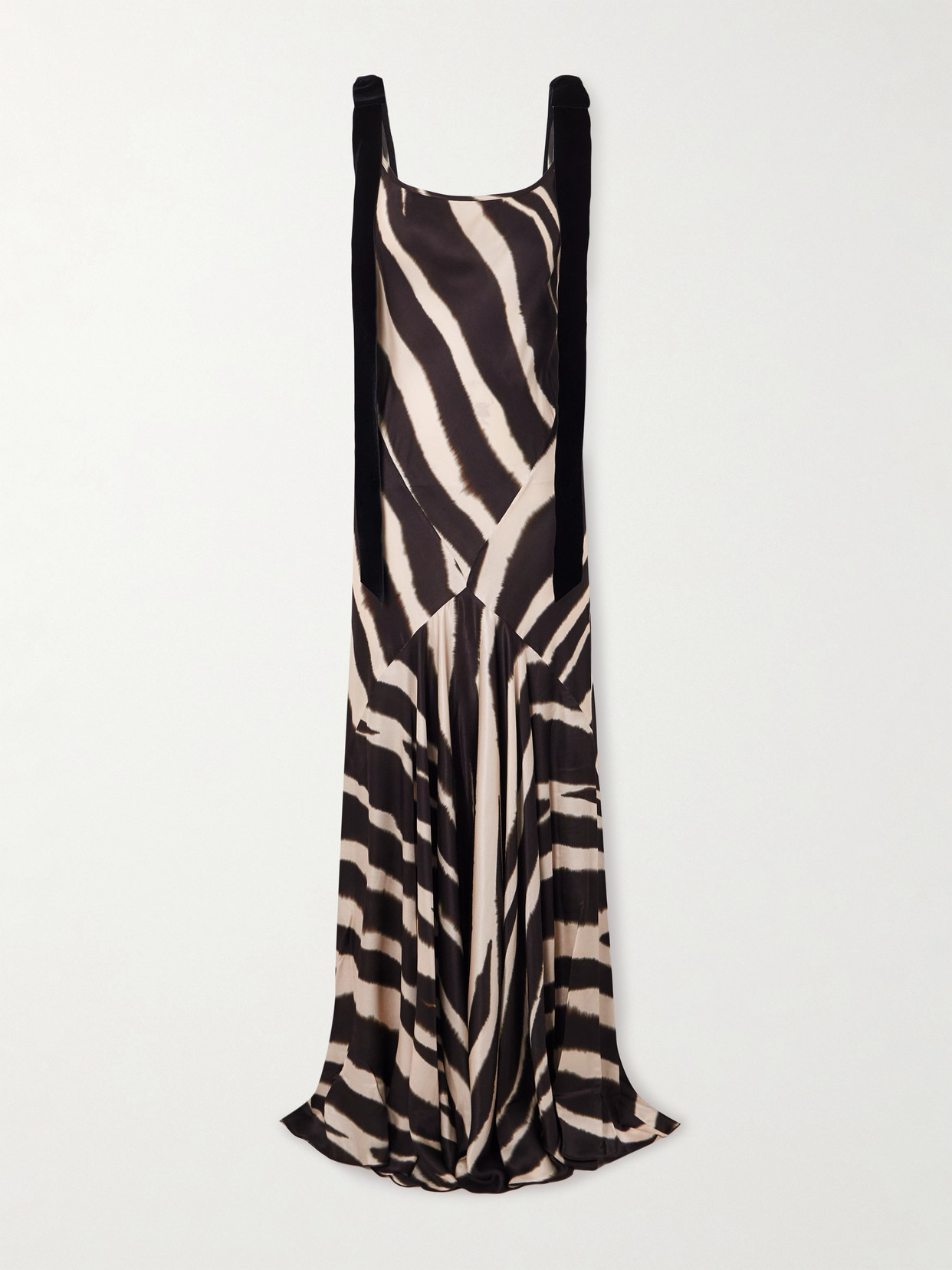 Nina Ricci Bow-detailed Velvet-trimmed Zebra-print Satin Gown In Black