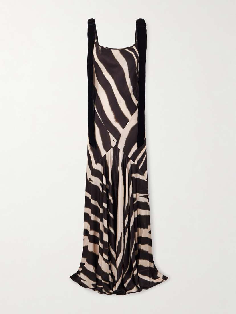 Nina Ricci Bow-detailed Velvet-trimmed Zebra-print Satin Gown