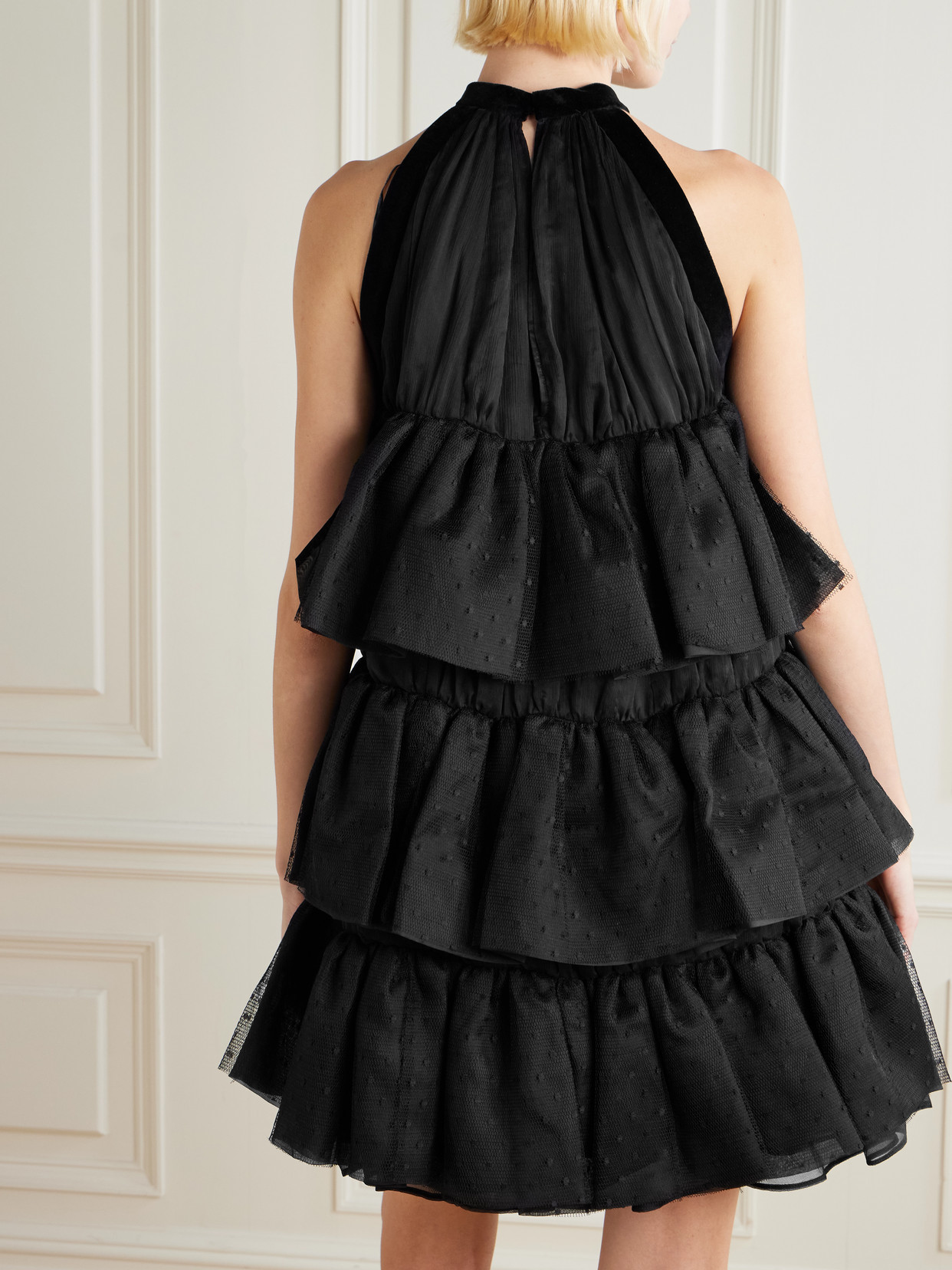 Nina Ricci Halterneck Ruffled Crinkled Silk-chiffon And Polka-dot Mesh Mini Dress In Black