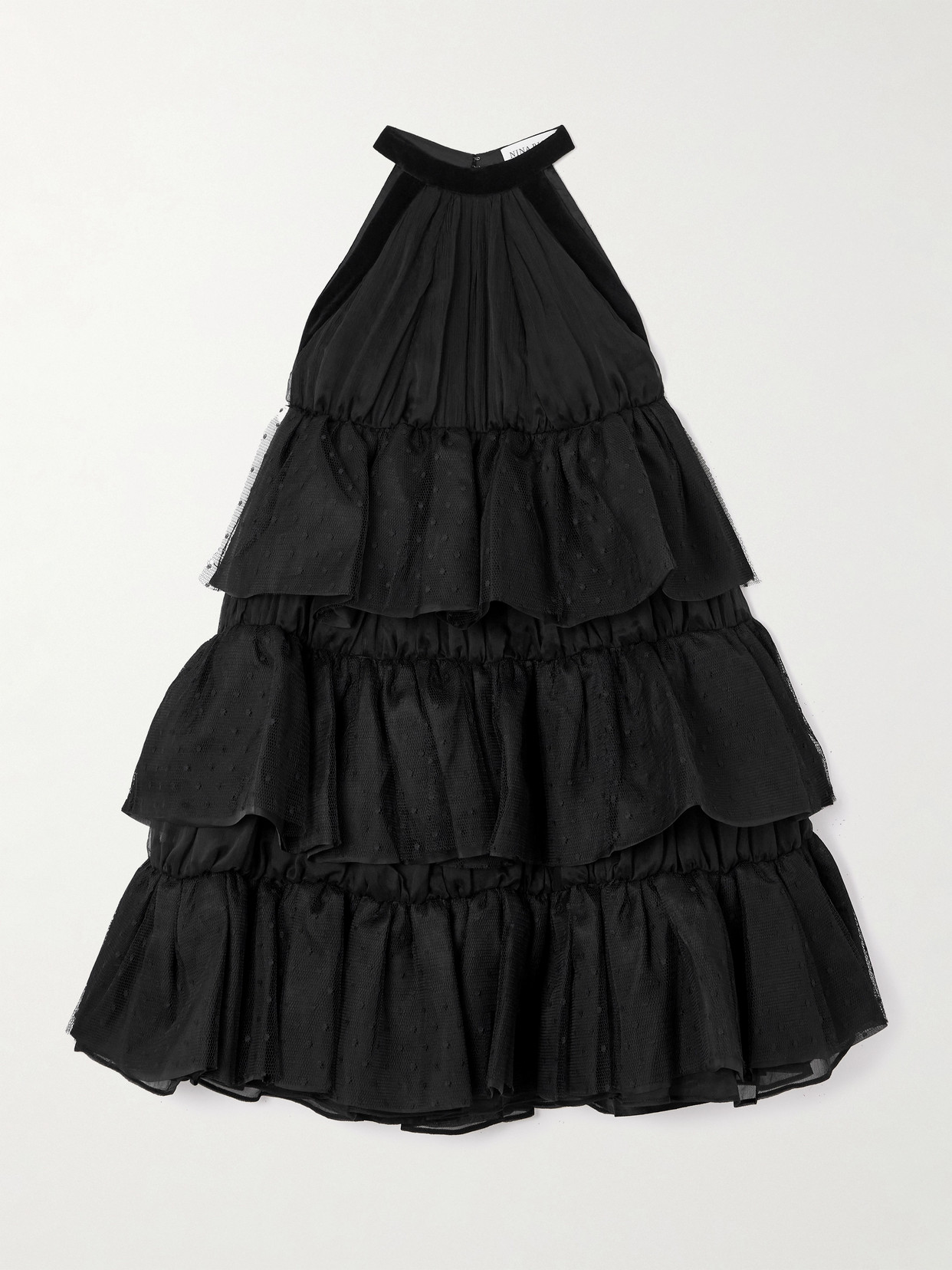 Nina Ricci Halterneck Ruffled Crinkled Silk-chiffon And Polka-dot Mesh Mini Dress In Black